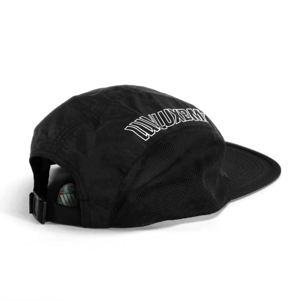 LUXBMX Bike Athletics Cap - Black with adjustable strap, designed for sweaty hair and embroidered white text on the side.