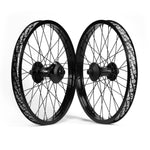 Two Federal Stance Pro x Alienation 18 Custom Wheelsets with detailed spokes and Federal hubset, positioned upright and parallel to each other on a white background.