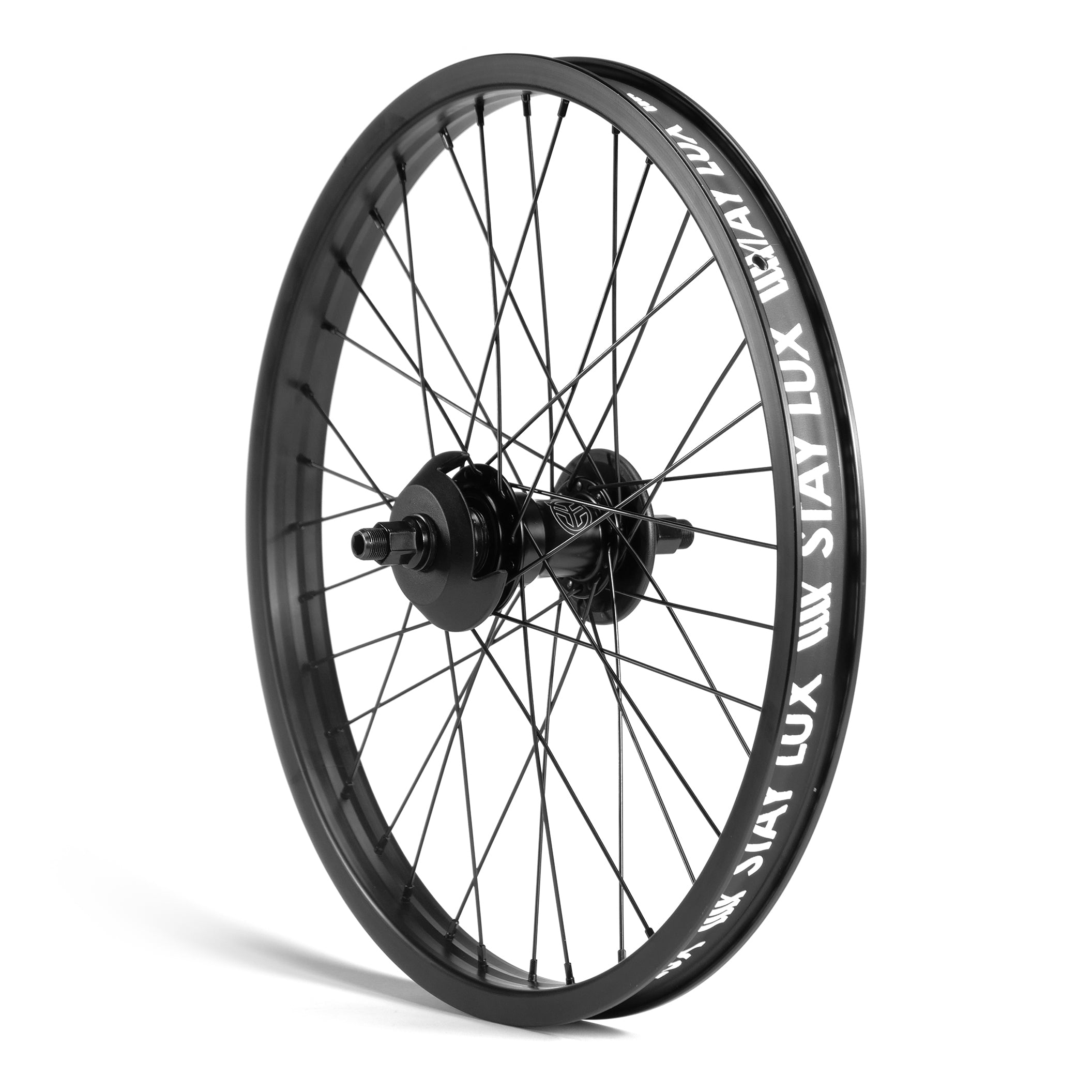 Black bicycle wheel with white text on the rim, featuring a hub in the center and multiple black spokes radiating outward, designed for performance with Federal Motion x Odyssey Stage 2 Custom Rear Wheel technology.