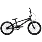 The Radio Raceline Quartz Pro L Bike 2025 is a black BMX bike featuring a sleek, lightweight hydro-formed frame, single gear, flat handlebars, and 20-inch wheels. Its streamlined design is showcased against a white background.