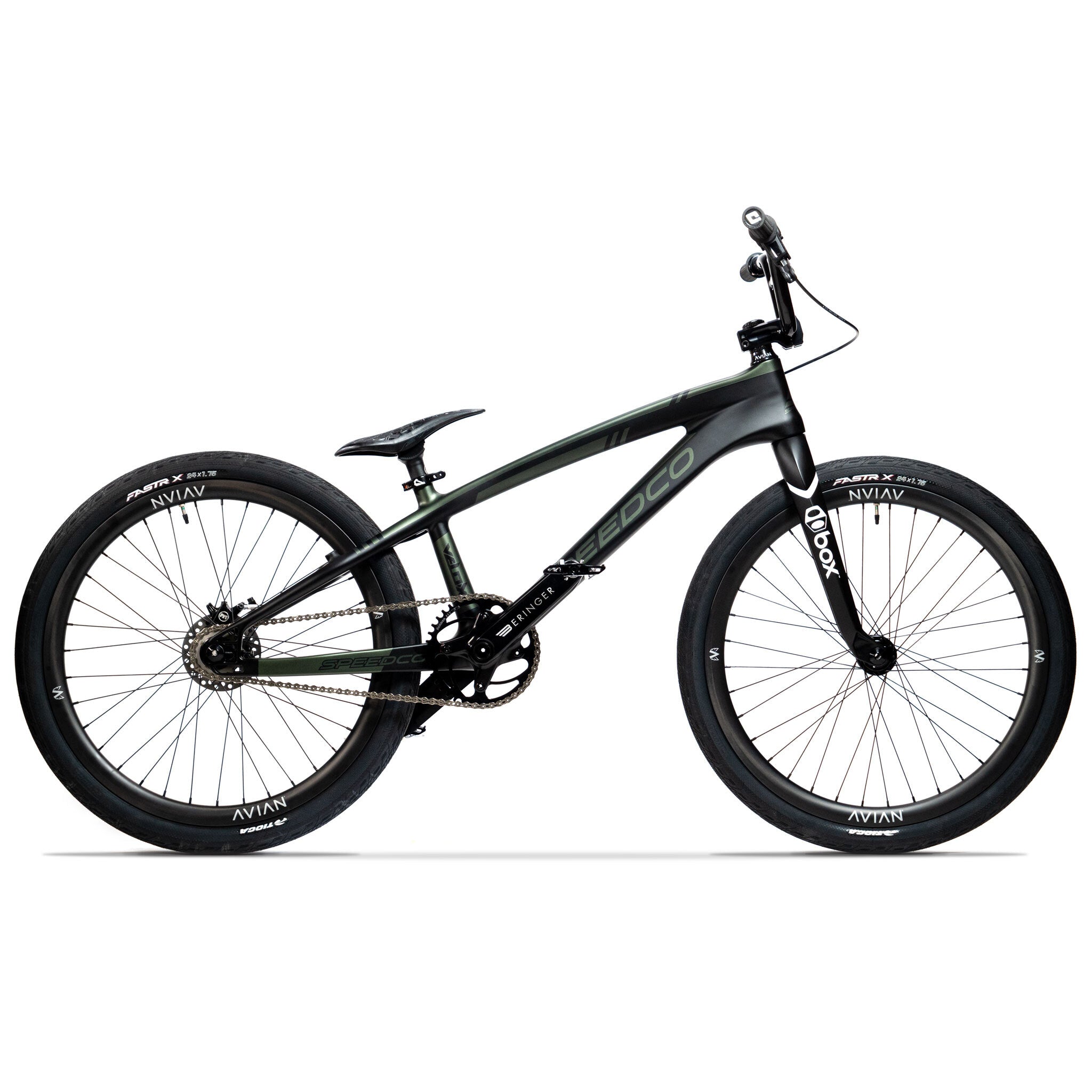 A sleek Speedco Velox Pro XL Cruiser Custom bike in black set against a white background, showcasing its single gear, large tires, and robust frame.