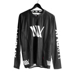 A LUXBMX Race Jersey Black/White V2 featuring white "LUXBUY" text on the sleeves and a stylized "WW" logo on the chest, displayed on a hanger.