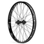 A black Eclat Locater / Exile Front Wheel showcases a sleek design with Éclat steel spokes, featuring a central hub and branded lettering on the rim.