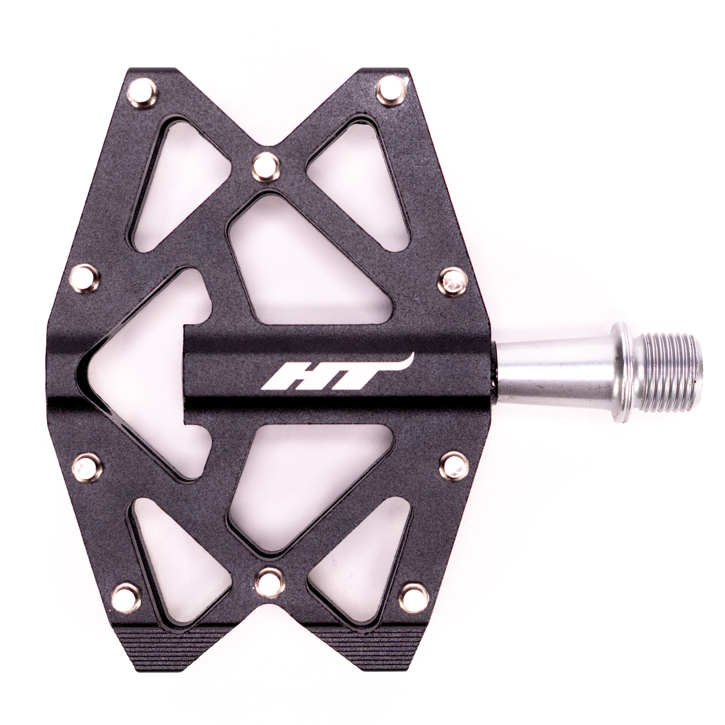 The HT AXO1A Nano Pedals are black with a metallic axle, featuring a geometric design and multiple grip pins. Ideal for young shredders, they include high-quality DU bushing for durability and have "HT" printed in white.