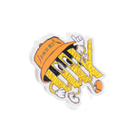 A cartoon yellow "NY" character with arms, legs, and eyes wears an orange "IN NYC WE TRUST" hat, points upward with one hand, and features the LUXBMX Whistle Sticker for added flair.