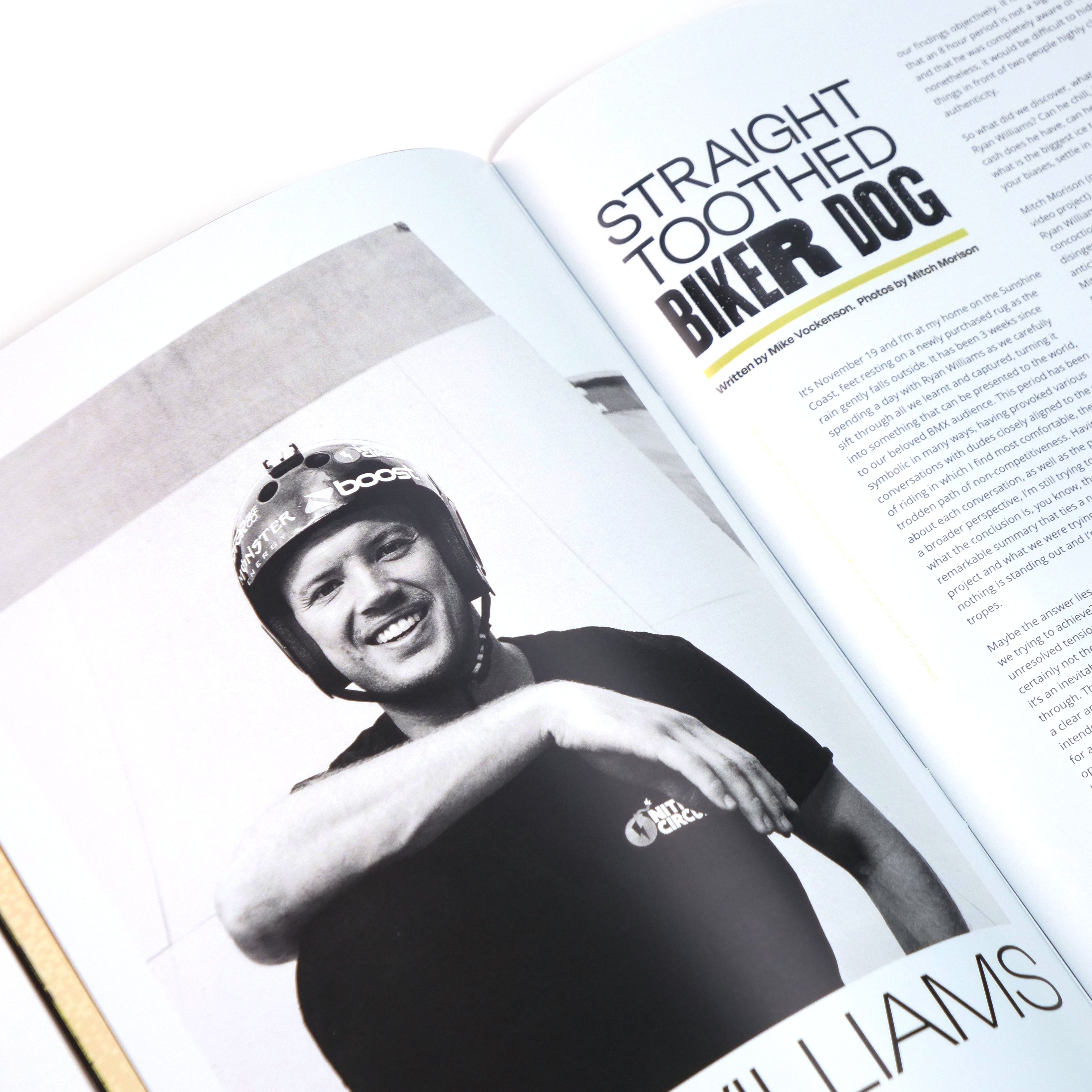 A black-and-white photo of a smiling man in a helmet and T-shirt appears beside the title "STRAIGHT TOOTHED BIKER DOG" in Cactus BMX Mag - Issue 1, an Australian BMX magazine layout.