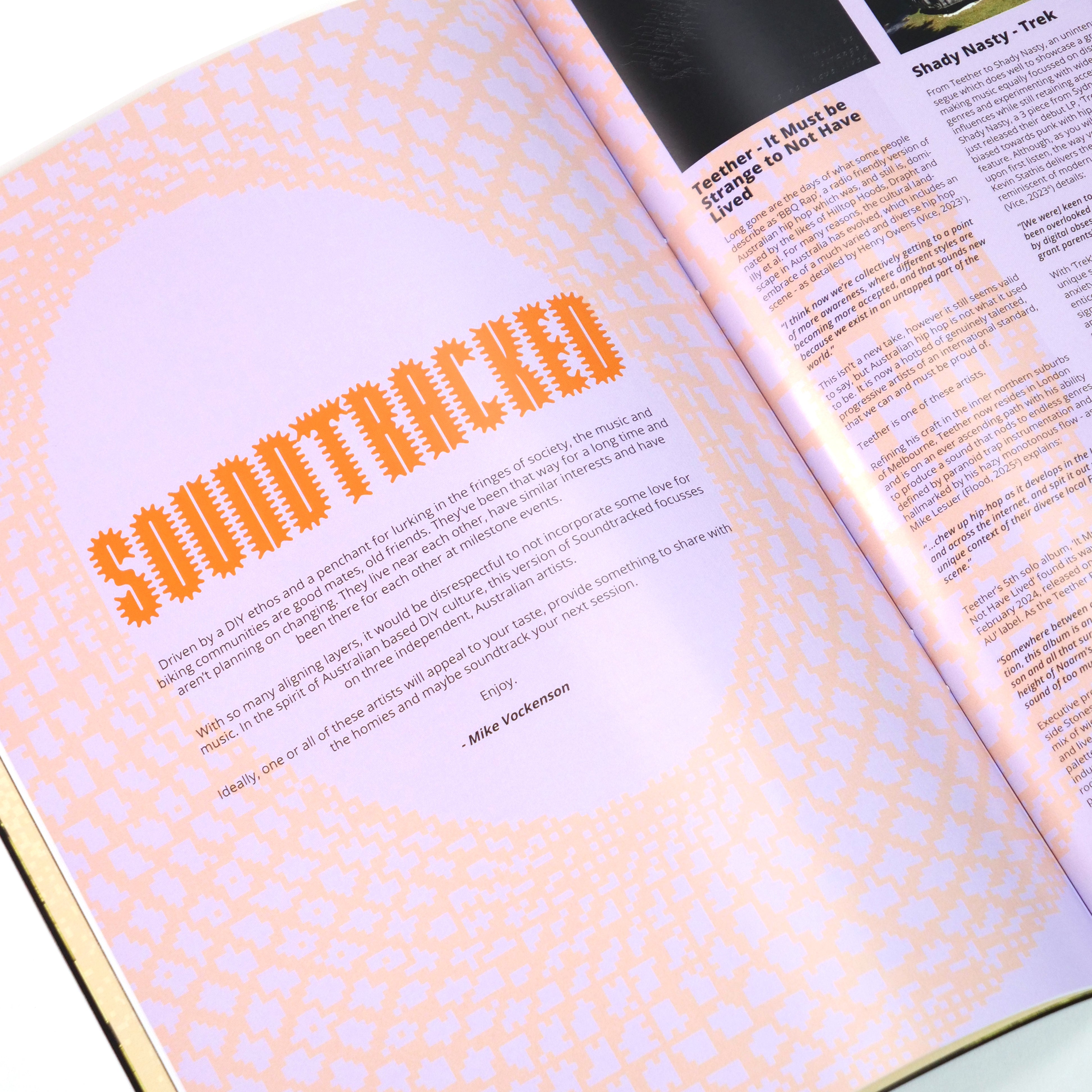 An open copy of Cactus BMX Mag - Issue 1 displays a page titled "SOUNDTRACKED" in orange text, featuring an article and a pink-and-white patterned background.