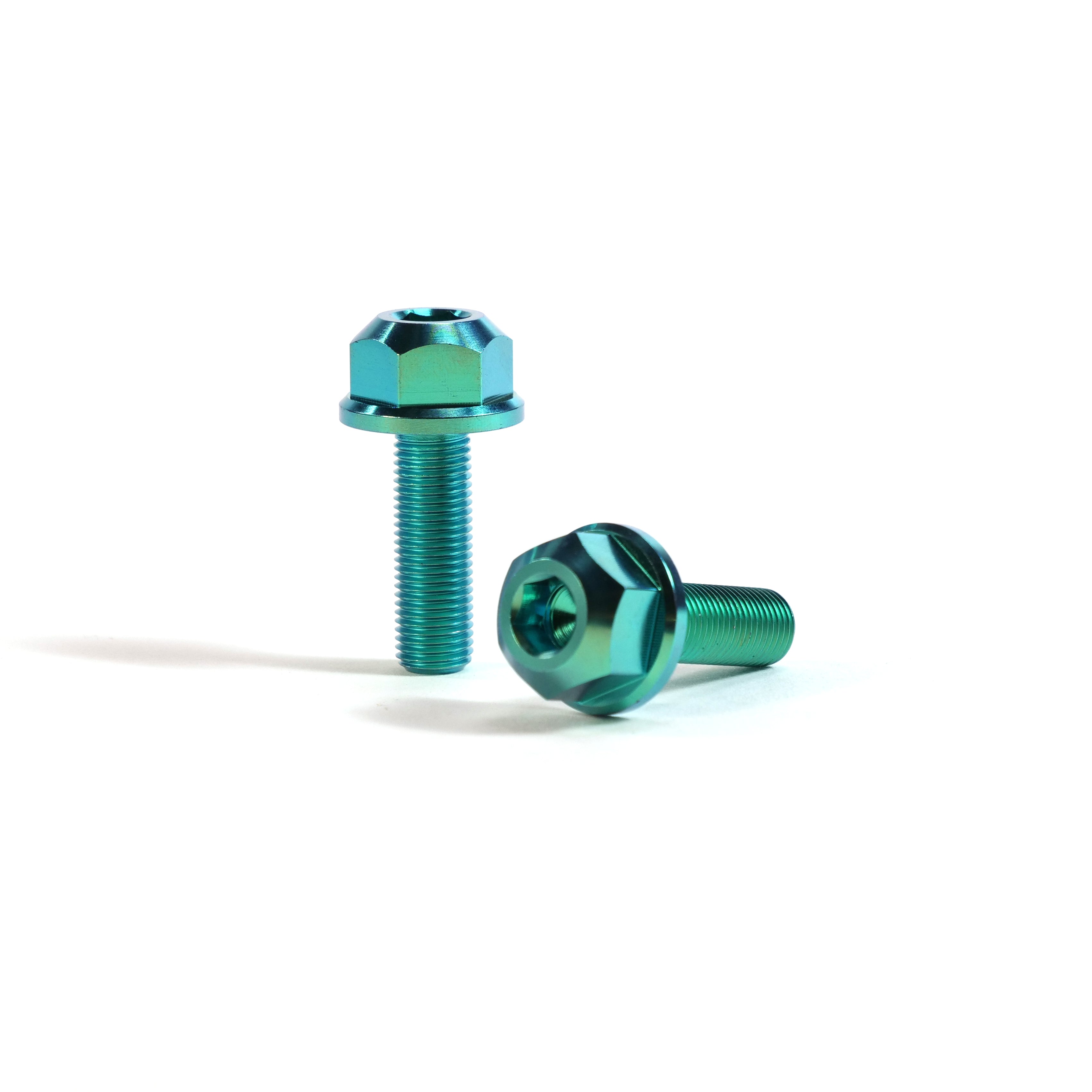 A pair of ION BMX Titanium GR5 Hex Axle Bolts with washers—one upright, one on its side—displayed on a white background.