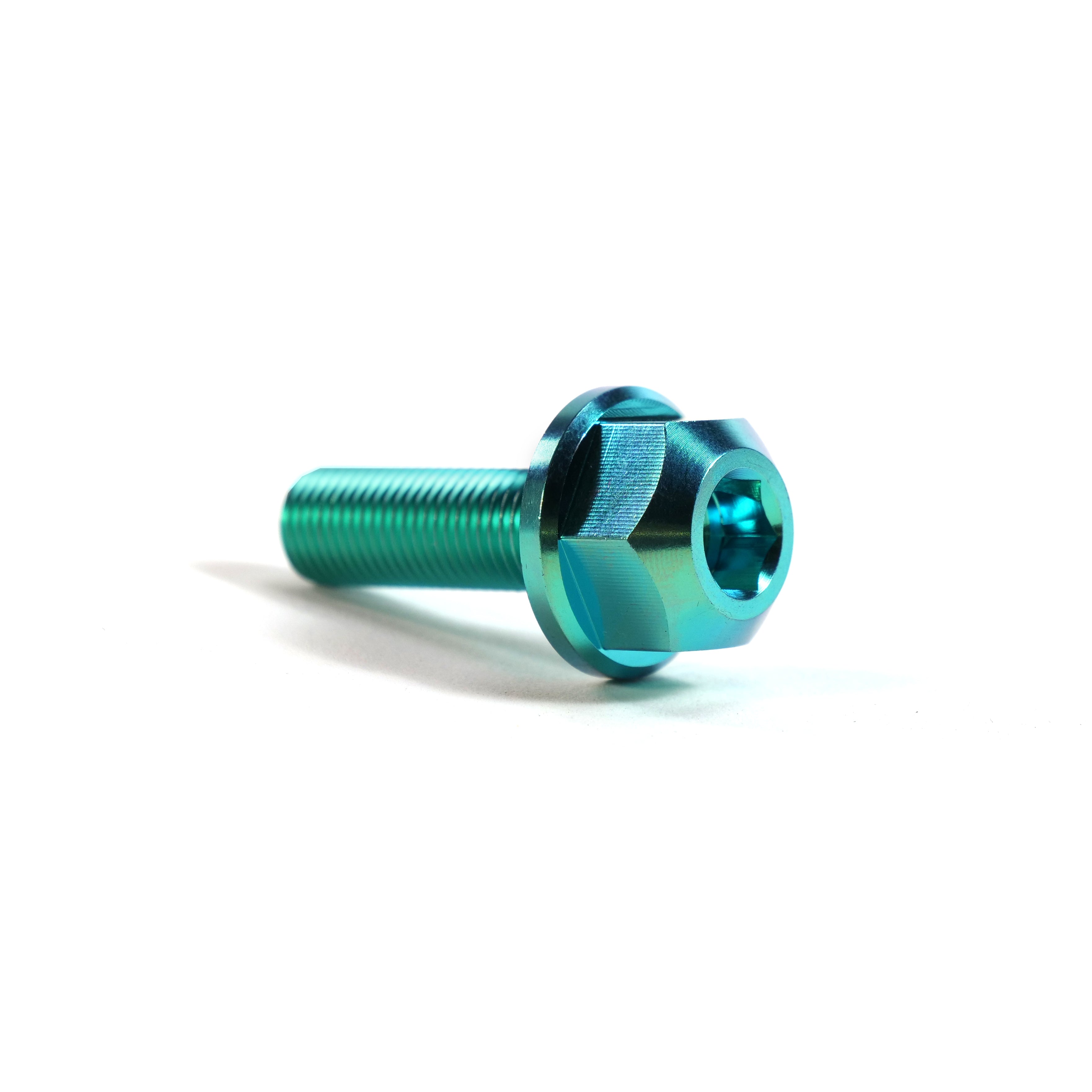 The ION BMX Titanium GR5 Hex Axle Bolt, featuring a metallic blue finish, flange, and threaded shaft, CNC machined for precision, is displayed against a white background.