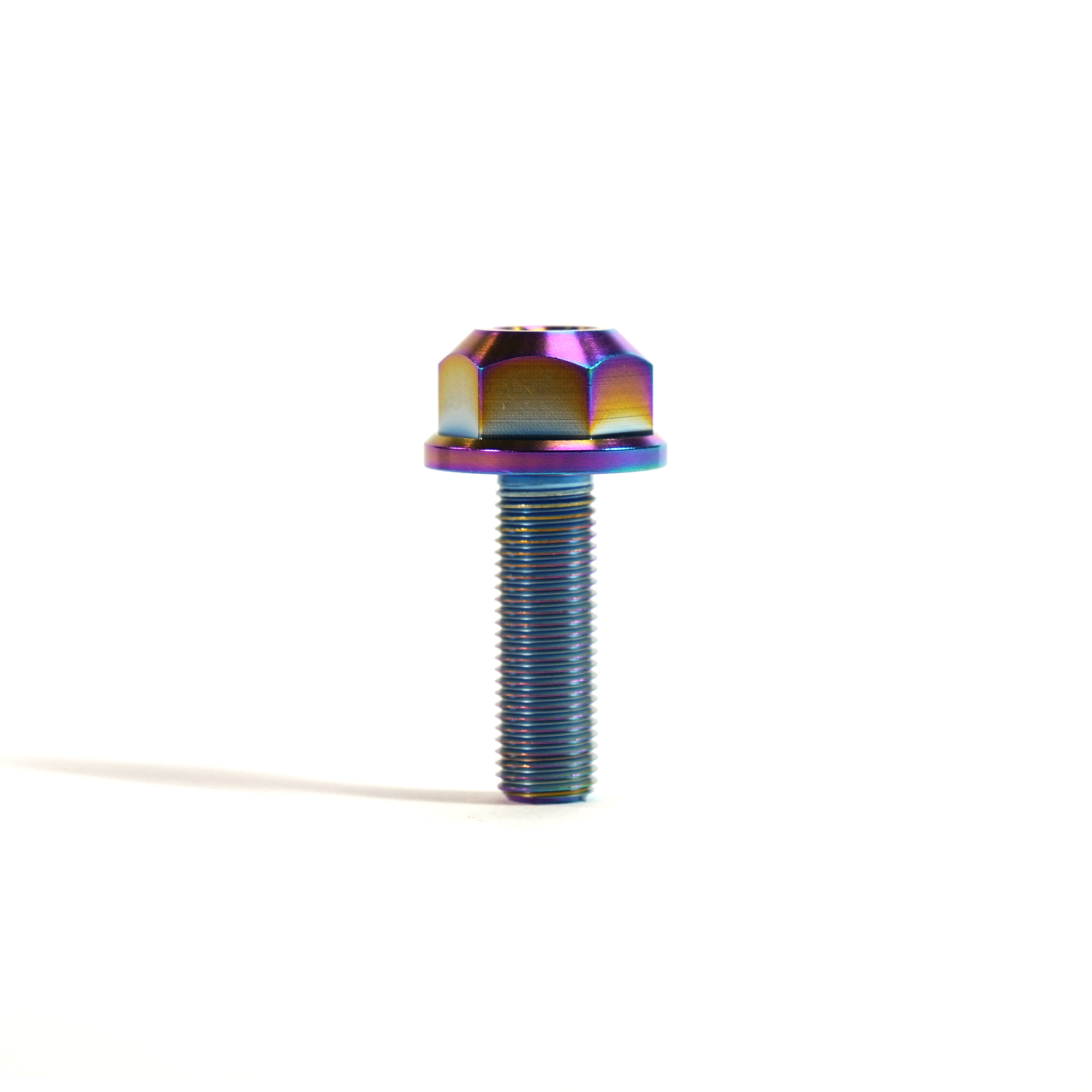 The ION BMX Titanium GR5 Hex Axle Bolt, featuring a vibrant iridescent finish, is perfect for BMX riders looking for a premium single titanium axle bolt—shown standing upright against a white background.