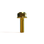 The ION BMX Titanium GR5 Hex Axle Bolt (Each) is a gold-colored, CNC-machined bolt with a flange, perfect as a stylish titanium axle bolt for BMX bikes.