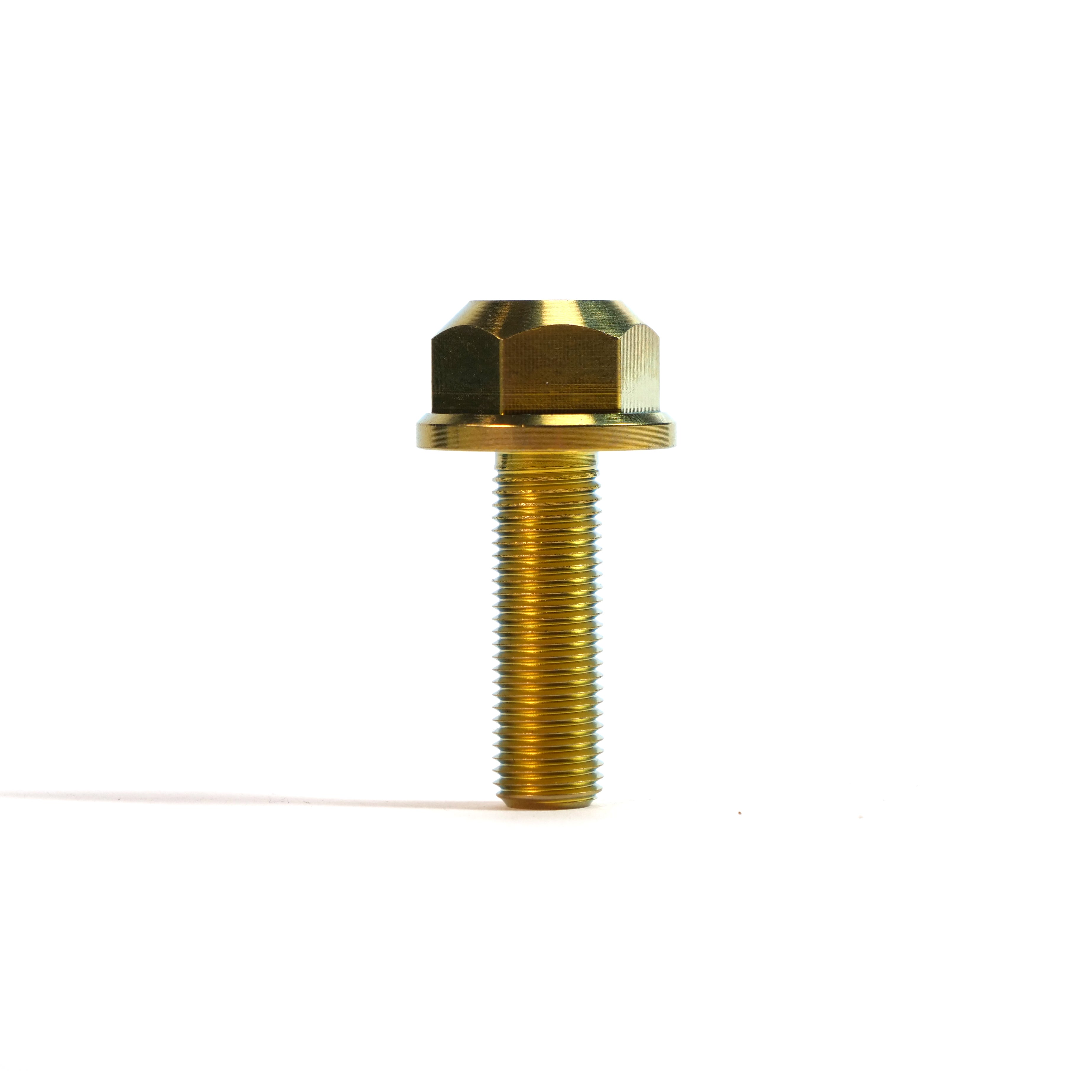 The ION BMX Titanium GR5 Hex Axle Bolt (Each) is a gold-colored, CNC-machined bolt with a flange, perfect as a stylish titanium axle bolt for BMX bikes.
