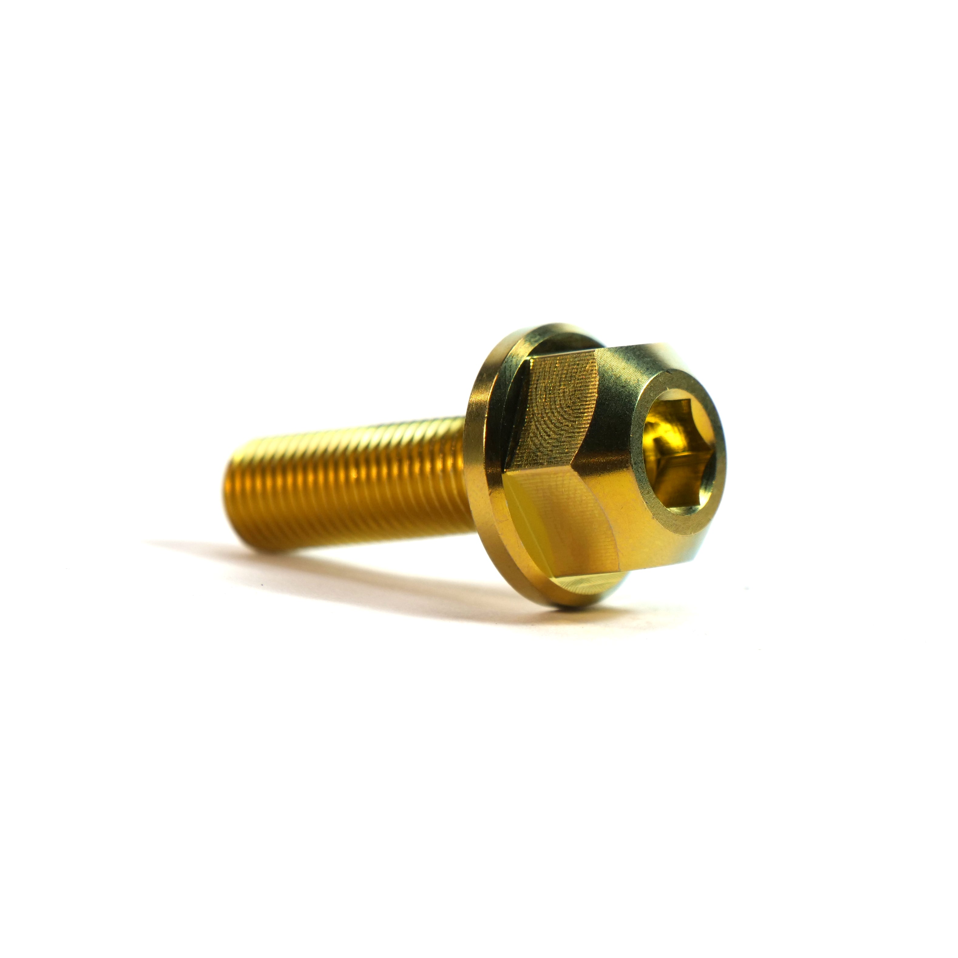 The ION BMX Titanium GR5 Hex Axle Bolt, featuring a gold finish and washer-style flange, is displayed on a white background—perfect for BMX bikes.