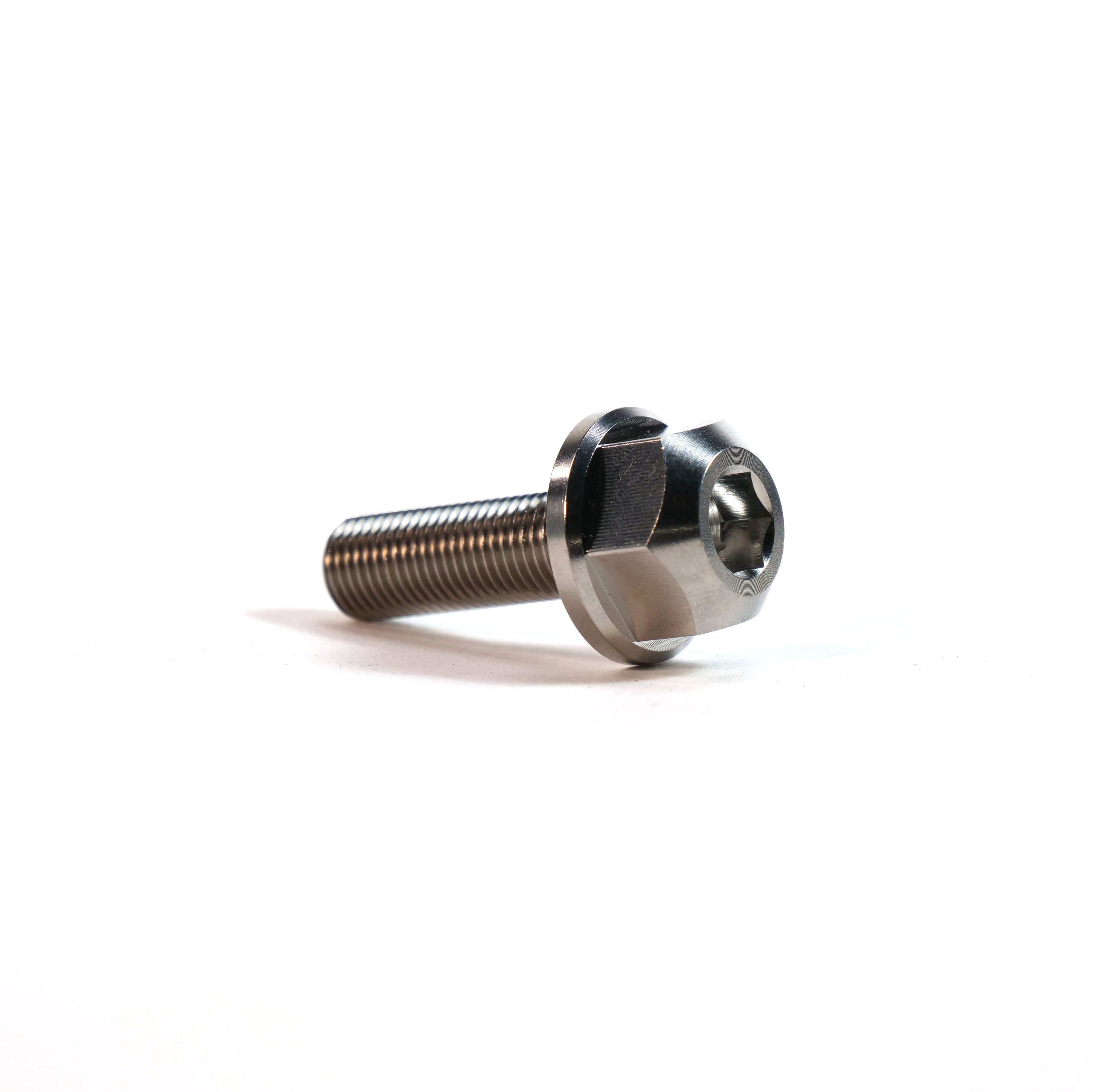 A close-up of the ION BMX Titanium GR5 Hex Axle Bolt, crafted from titanium for BMX builds, showcased on a white background.