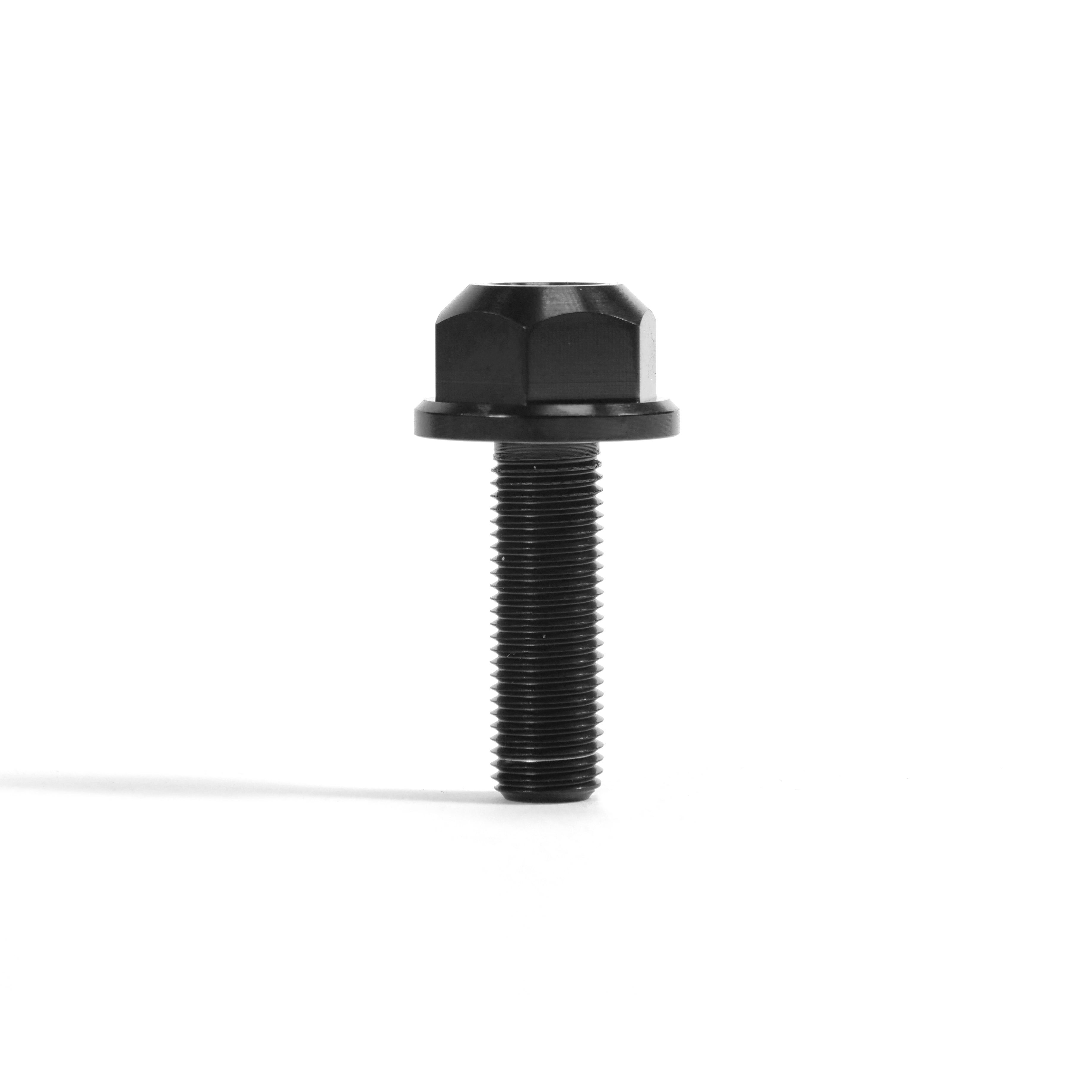 A single ION BMX Titanium GR5 Hex Axle Bolt, black and precision CNC machined, stands upright on a white background—perfect as a titanium axle bolt replacement for BMX bikes.