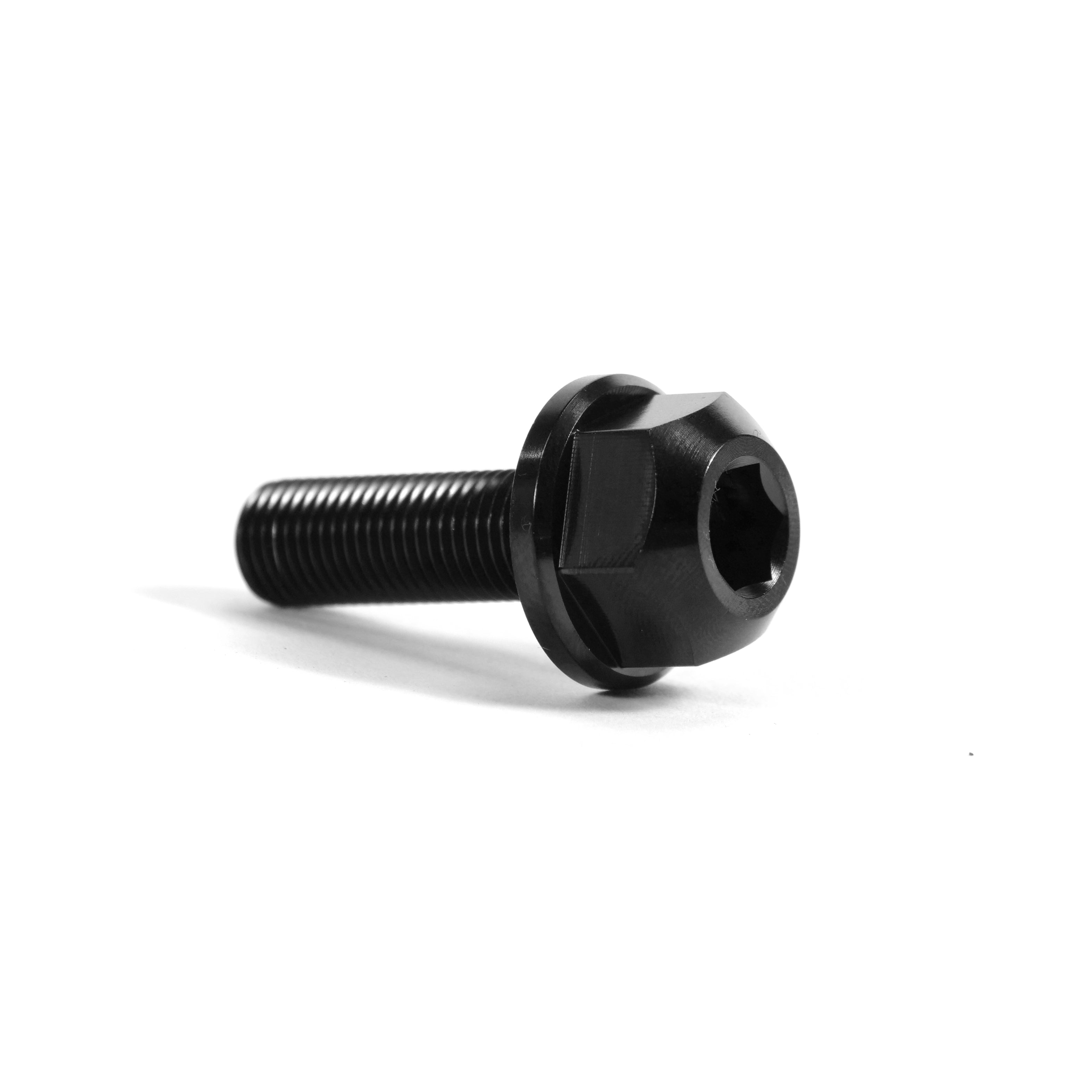 The ION BMX Titanium GR5 Hex Axle Bolt, with a black finish, flanged head, and threaded shaft, is shown on a white background.