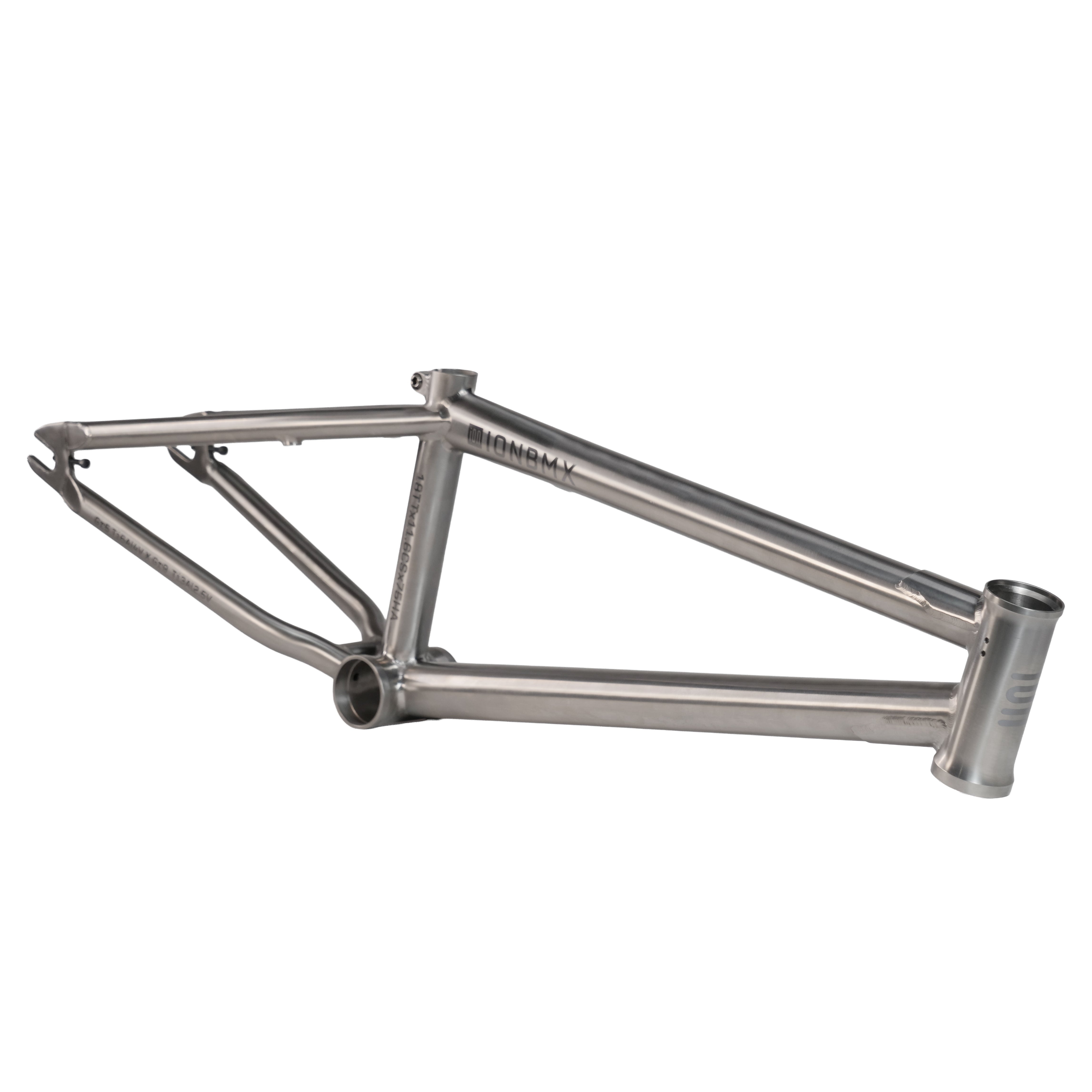 The ION BMX Ti18 Titanium 18 Inch Frame is a sleek youth BMX frame, shown without wheels, seat, or handlebars, set against a plain white background.