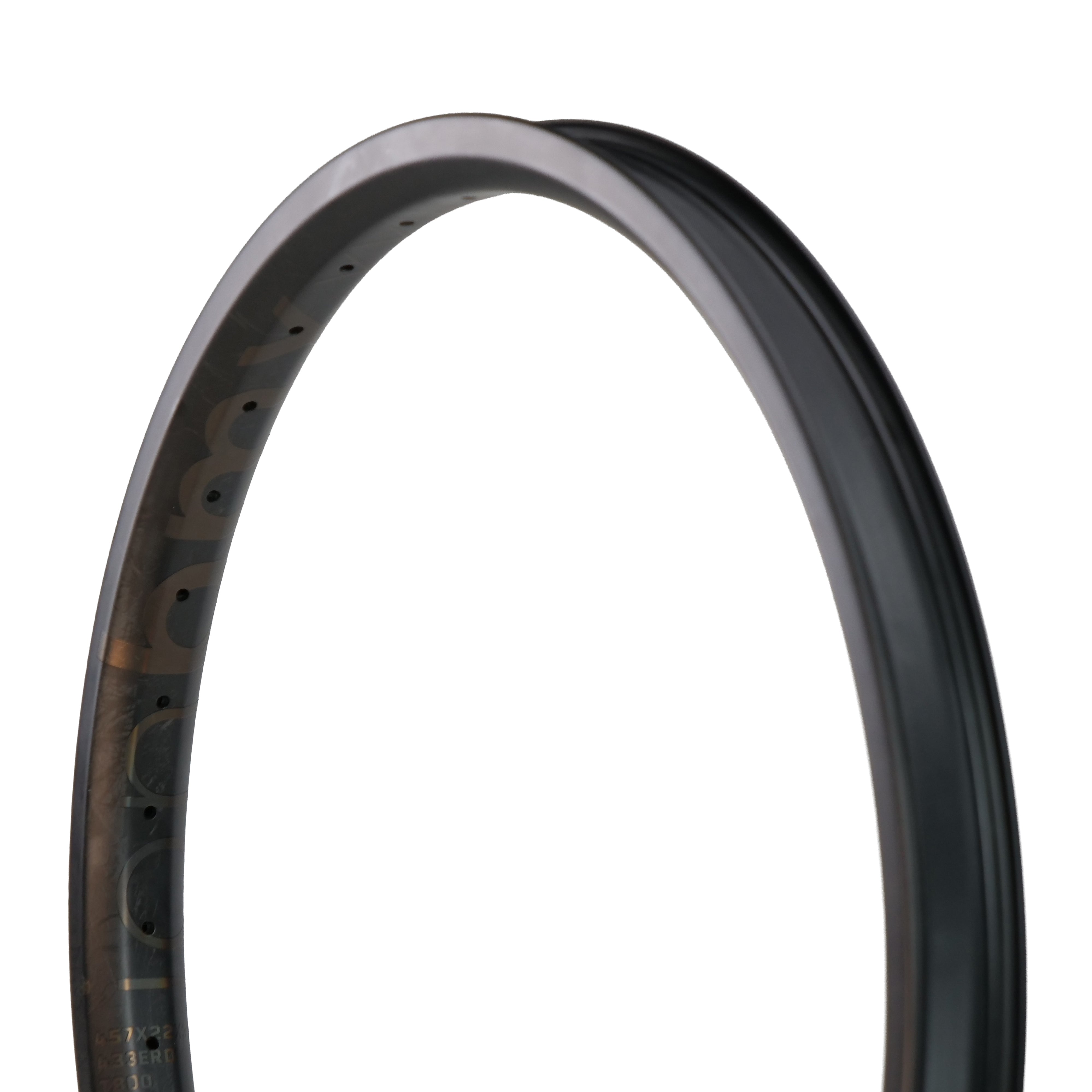 A close-up of the ION BMX C22 Carbon Fiber 22 Inch Brakeless Rim reveals visible spoke holes and a sleek carbon fiber texture, emphasizing its lightweight and modern BMX rim design.