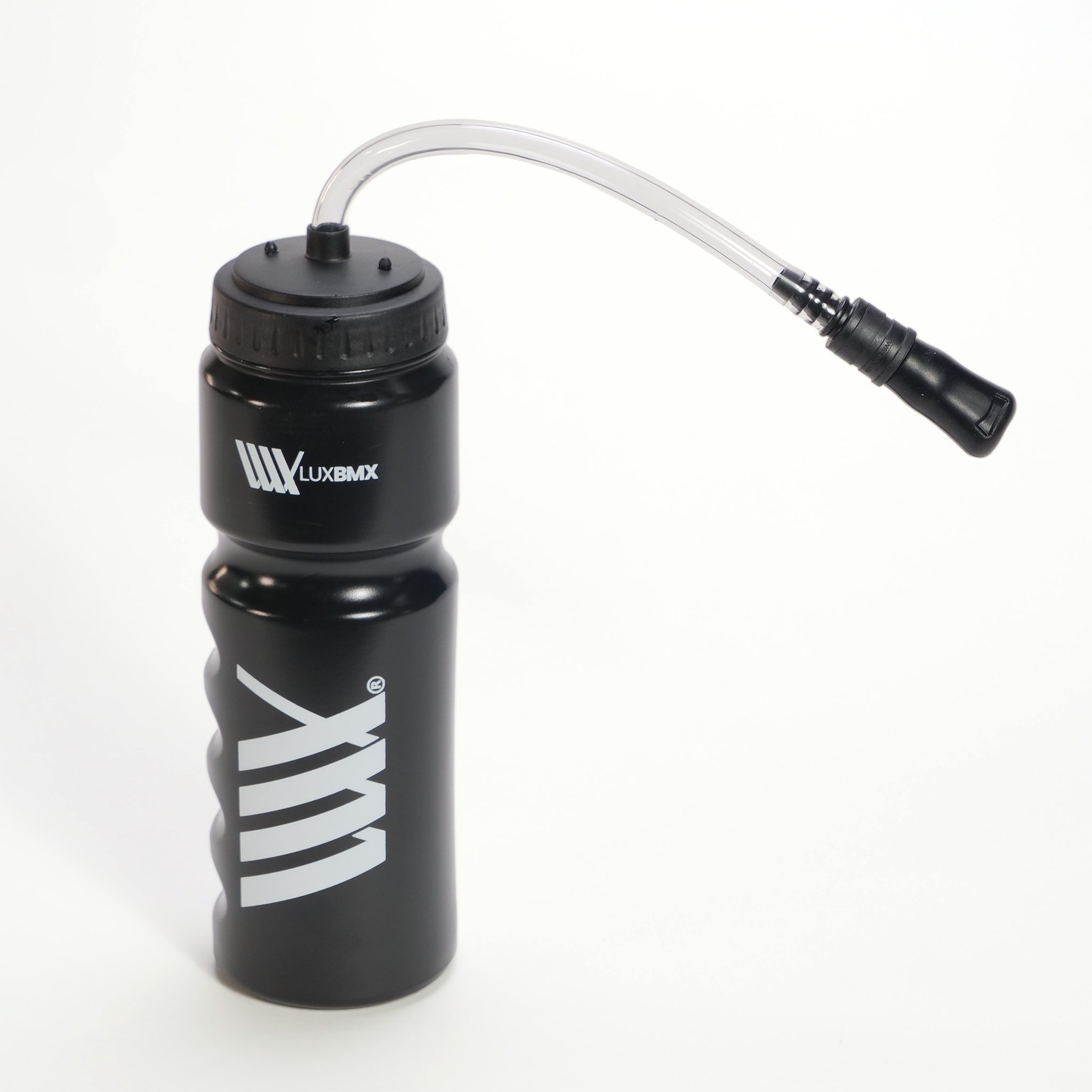 The LUXBMX Race Straw Water Bottle 750ml features a black design, screw-on lid, and an attached clear flexible drinking tube with a bite-valve, displayed on a plain white background.