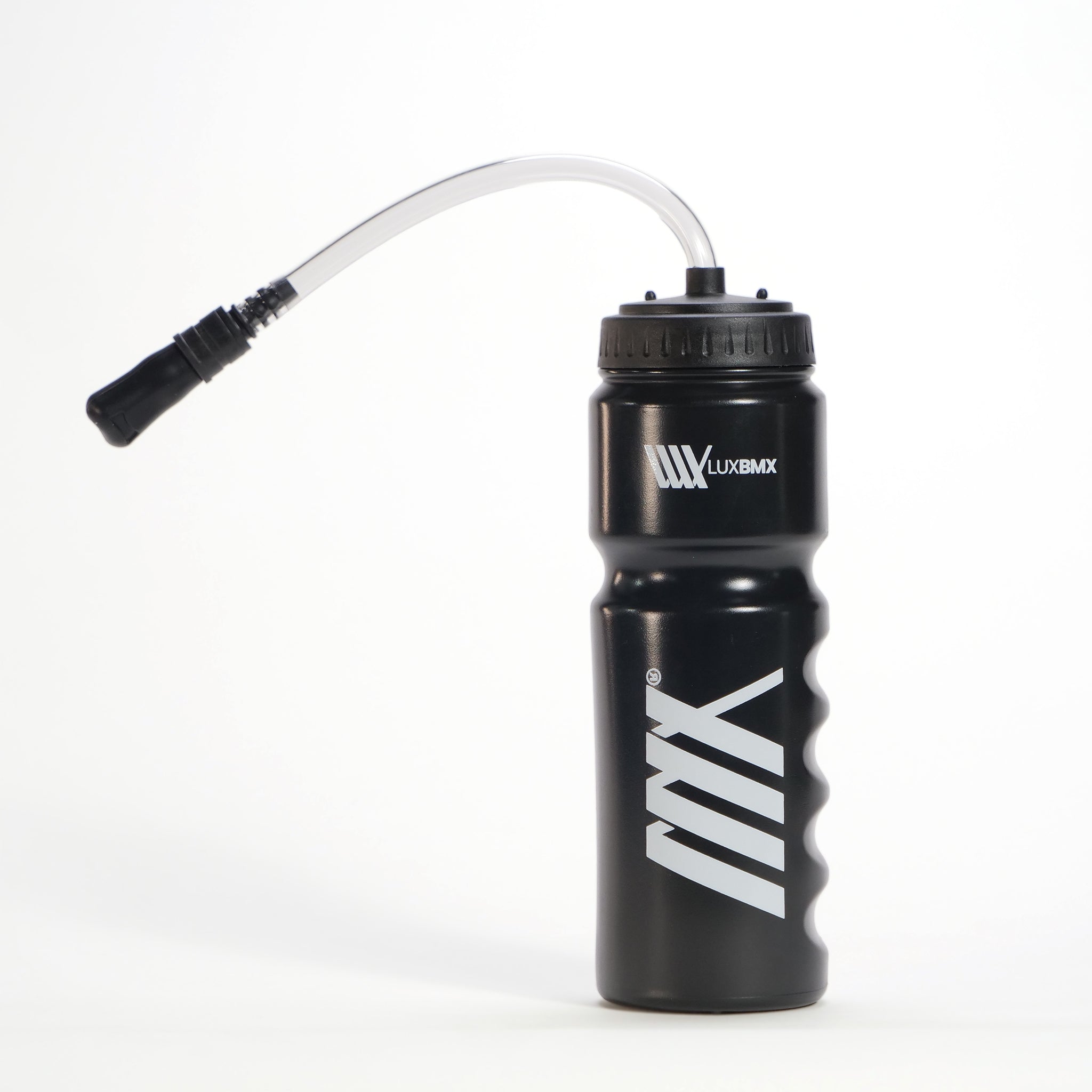 The LUXBMX Race Straw Water Bottle 750ml is black with white "LUXBMX" and "MX" logos and a curved bite-valve drinking tube on the lid, displayed against a plain white background.