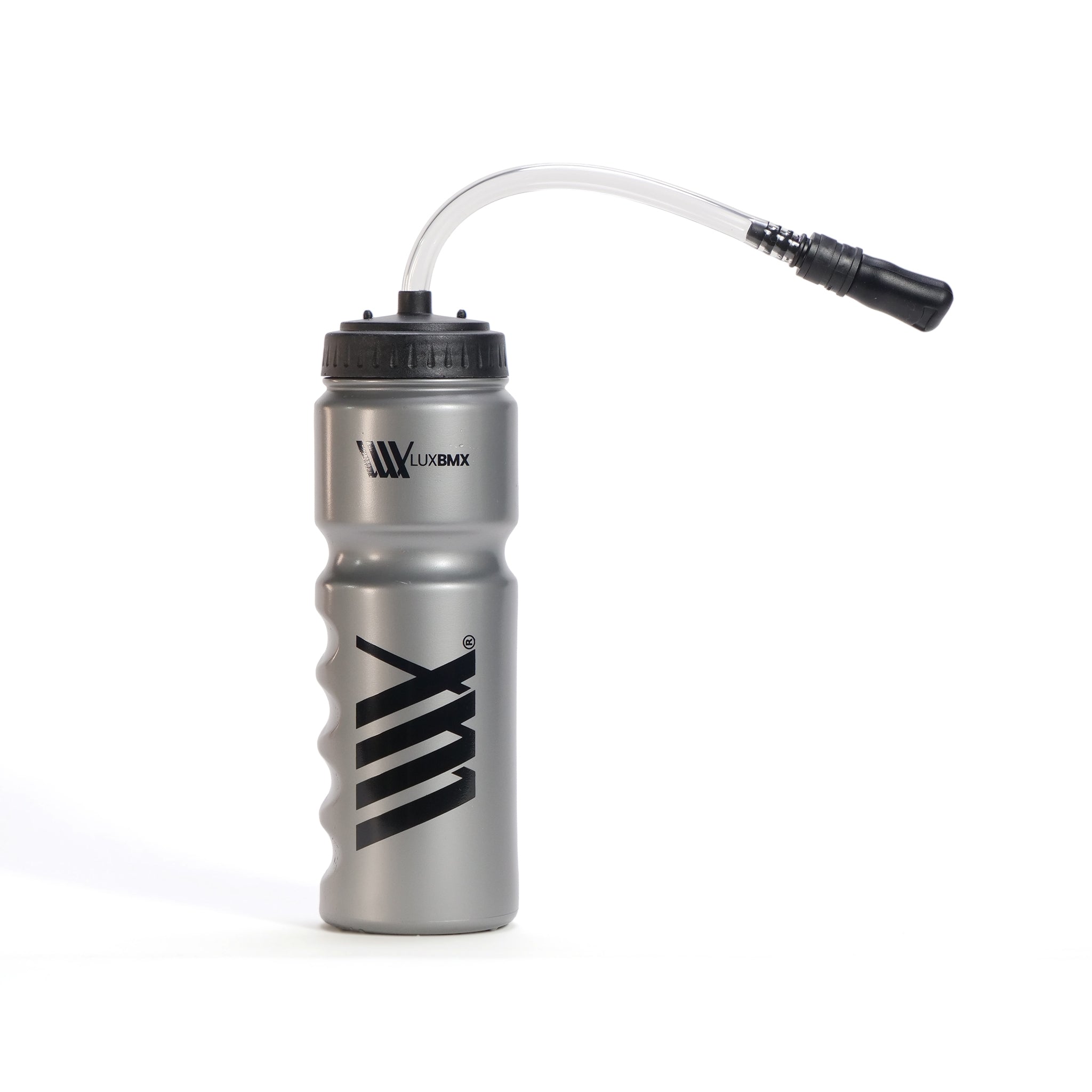 The LUXBMX Race Straw Water Bottle 750ml is silver, made from BPA-free plastic, features a black LuxBMX logo, screw-on lid, and a flexible drinking tube with a black mouthpiece.