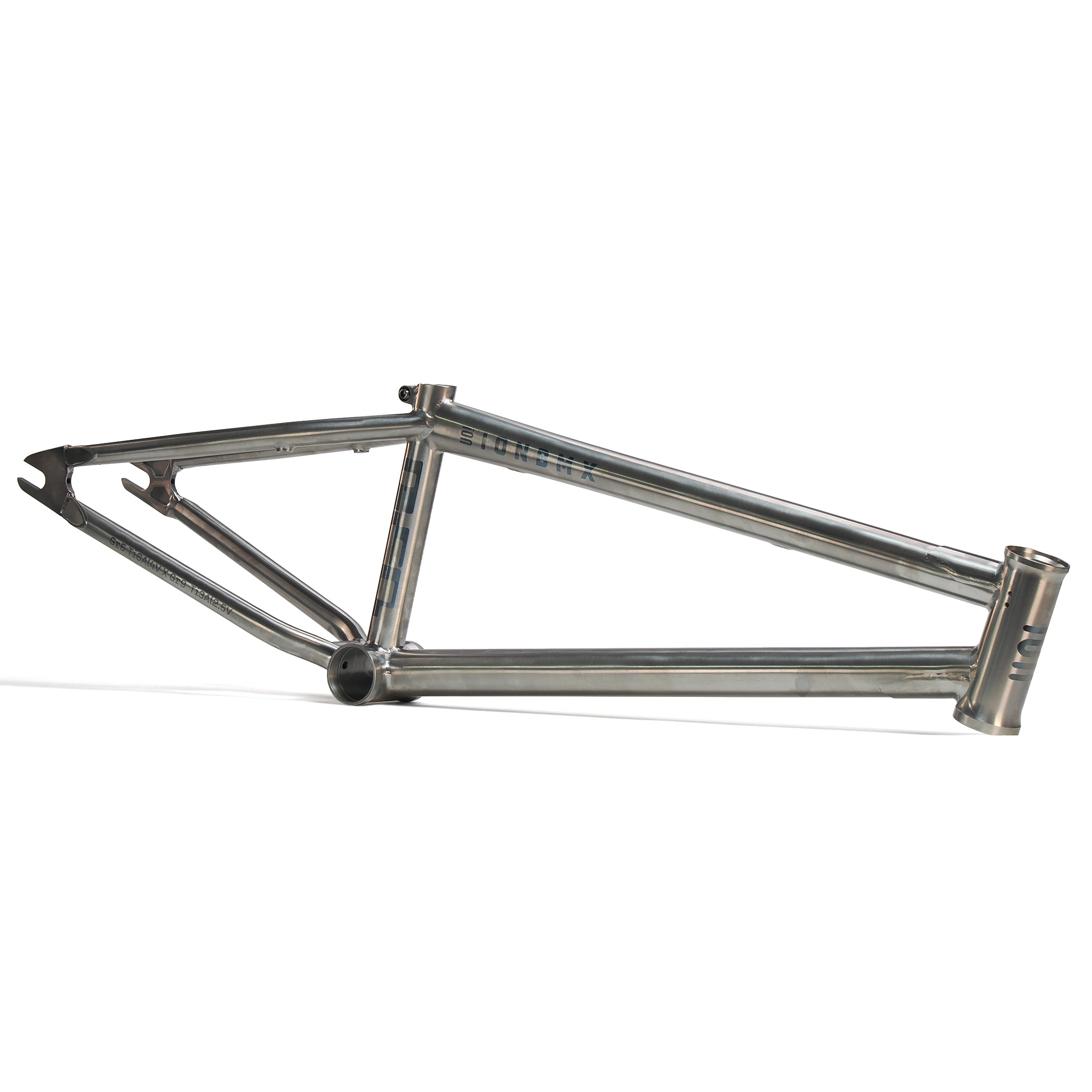 The ION BMX AMP20 Titanium 20 Inch Frame is a minimalist metallic BMX bike frame made from aerospace-grade titanium, displayed against a plain white background.