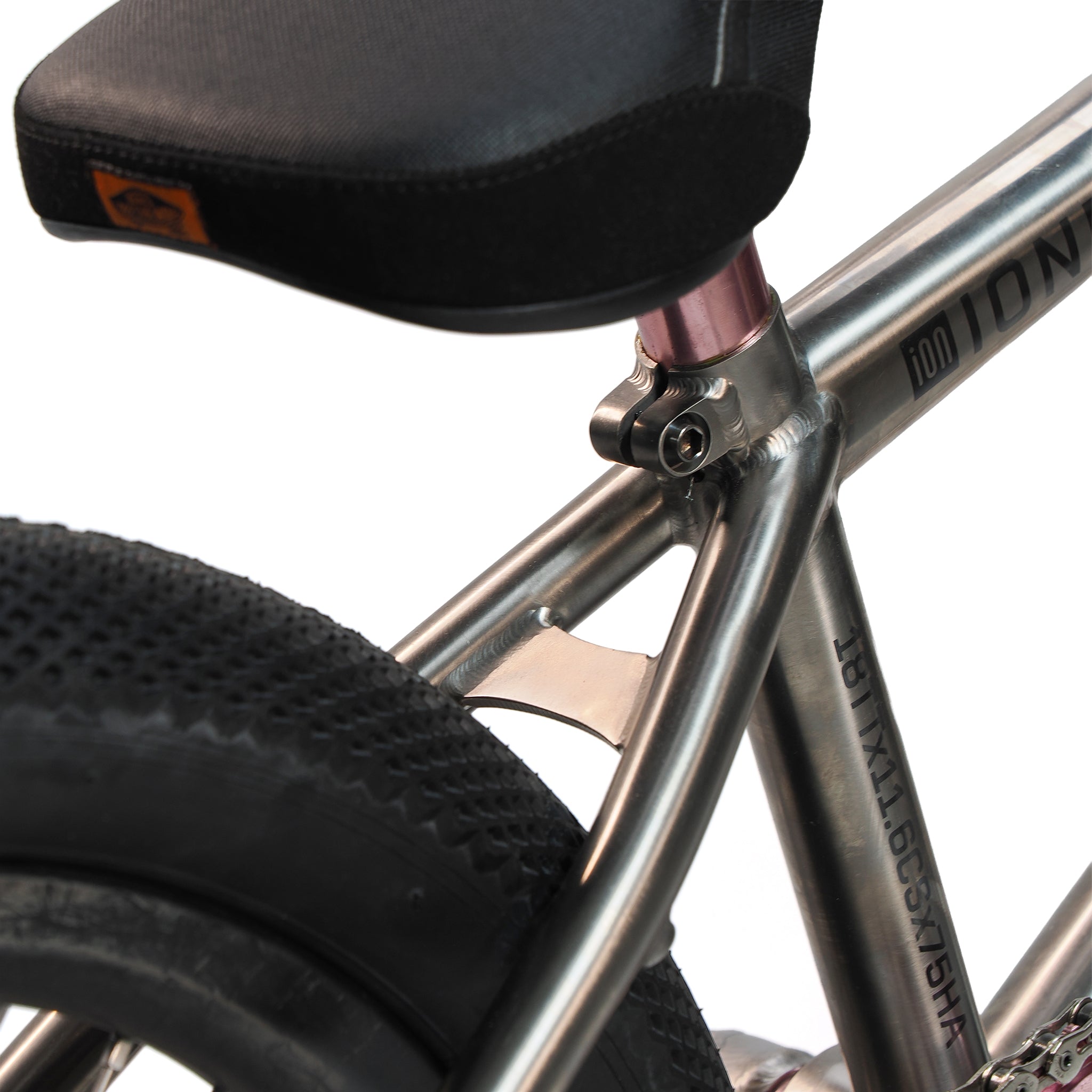 A close-up of the ION BMX Ti18 Custom Titanium 18 Inch Bike, highlighting its lightweight freestyle frame, sleek design, and premium build quality.