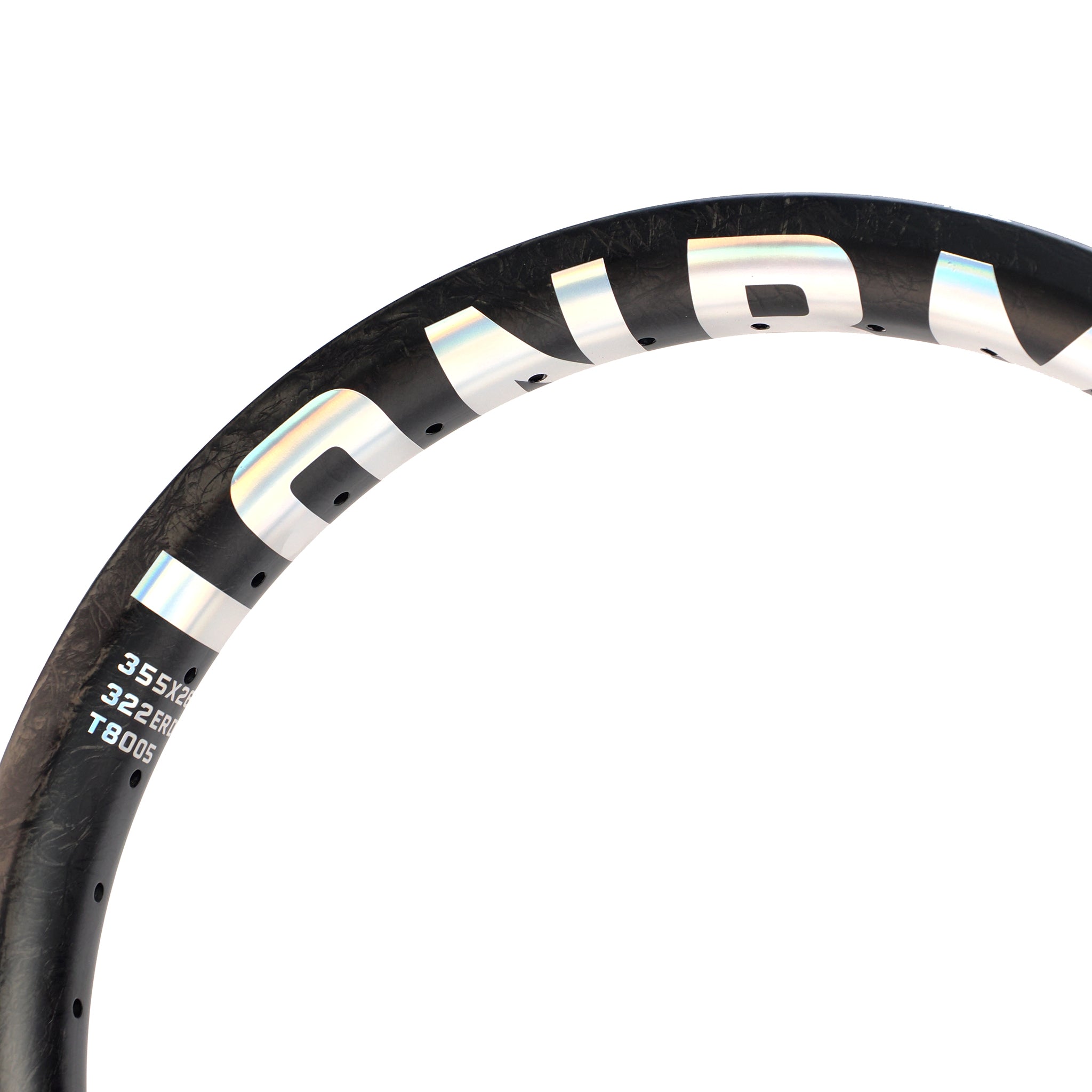 Close-up of the ION BMX C18 Carbon Fiber 18 Inch Brakeless Rim, made from Toray T800s carbon fiber with white lettering and multiple spoke holes for strength.