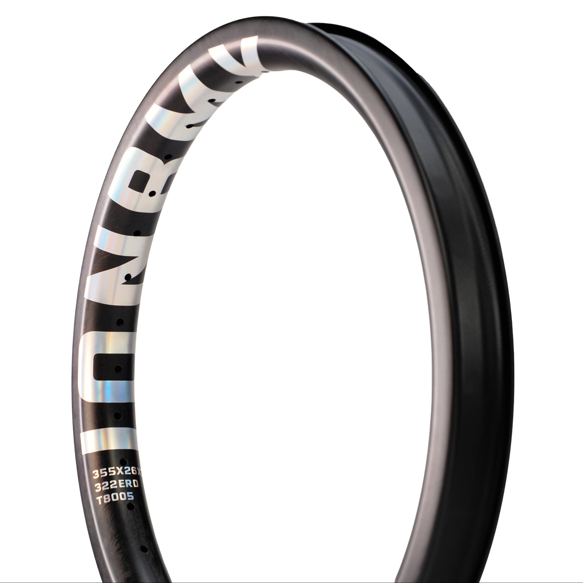 A close-up of the ION BMX Carbon Fiber 18 Inch Brakeless Rim in black, featuring reflective lettering and technical specs printed along the side.