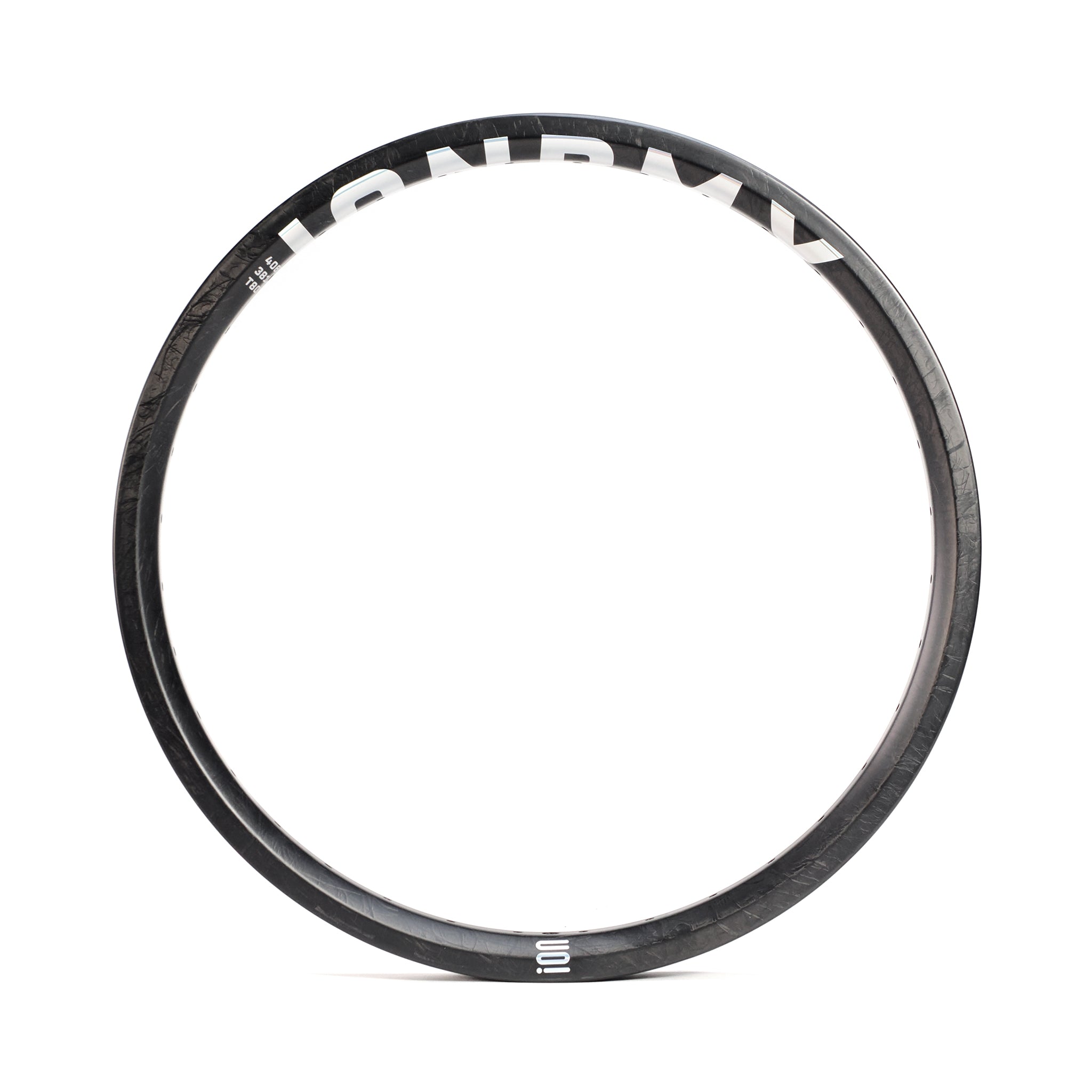 A single ION BMX Carbon Fiber 20 Inch Brakeless Rim in black is shown against a white background, featuring "ION BANK" text on the upper side and "1001" at the bottom. This lightweight rim offers superior strength and performance for BMX riders.