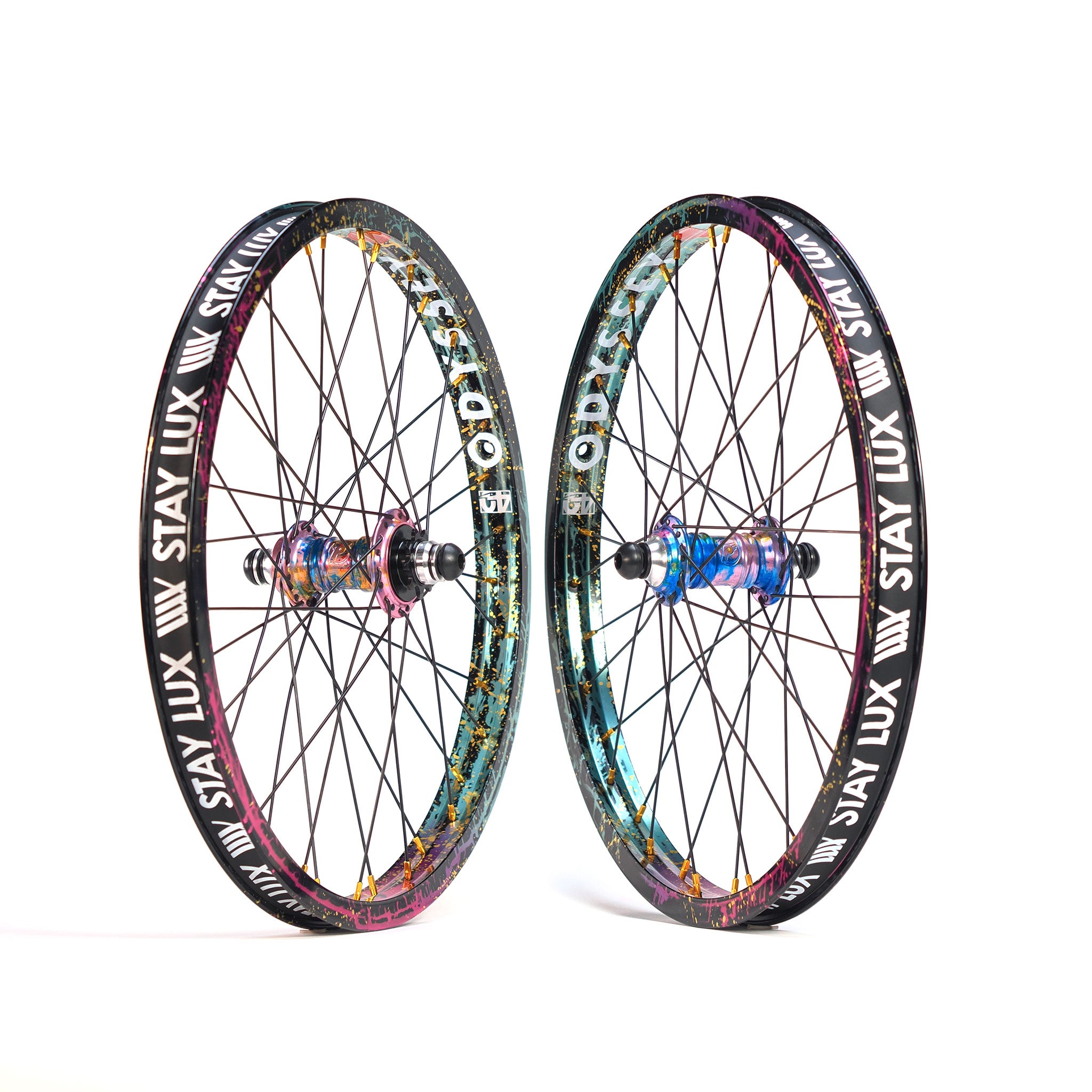 The Profile x Odyssey Near Earth Objects Wheel Set (Limited Edition) features two vibrant BMX wheels with black "STAY LUX" rims, multicolored spokes, and colorful hubs. Right Hand Drive wheel set option available.