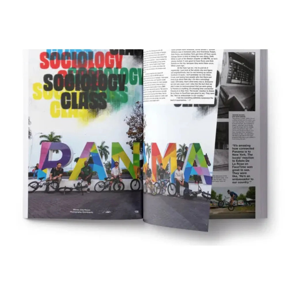 A magazine spread in DIG Book Issue 2025 features cyclists before vibrant "PANAMA" letters, with "SOCIOLOGY CLASS" overlapping—highlighting a unique BMX perspective. Additional articles and potential BMX interviews appear on the right page.