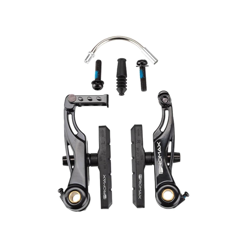 Black Promax P-1 Mini V Brake set includes two brake arms, brake pads, bolts, noodle, and rubber boots on a white background—perfect as a linear pull brake upgrade for your BMX bike.