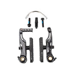 Black Promax P-1 Mini V Brake set includes two brake arms, brake pads, bolts, noodle, and rubber boots on a white background—perfect as a linear pull brake upgrade for your BMX bike.