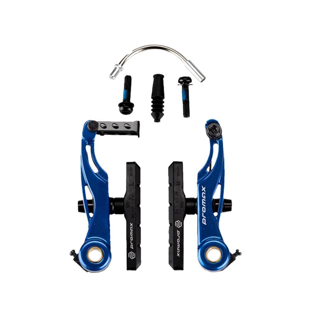 The Promax P-1 Mini V Brake set includes blue arms, black pads, bolts, rubber boots, and a silver noodle for BMX or linear pull brakes, shown on a white background.