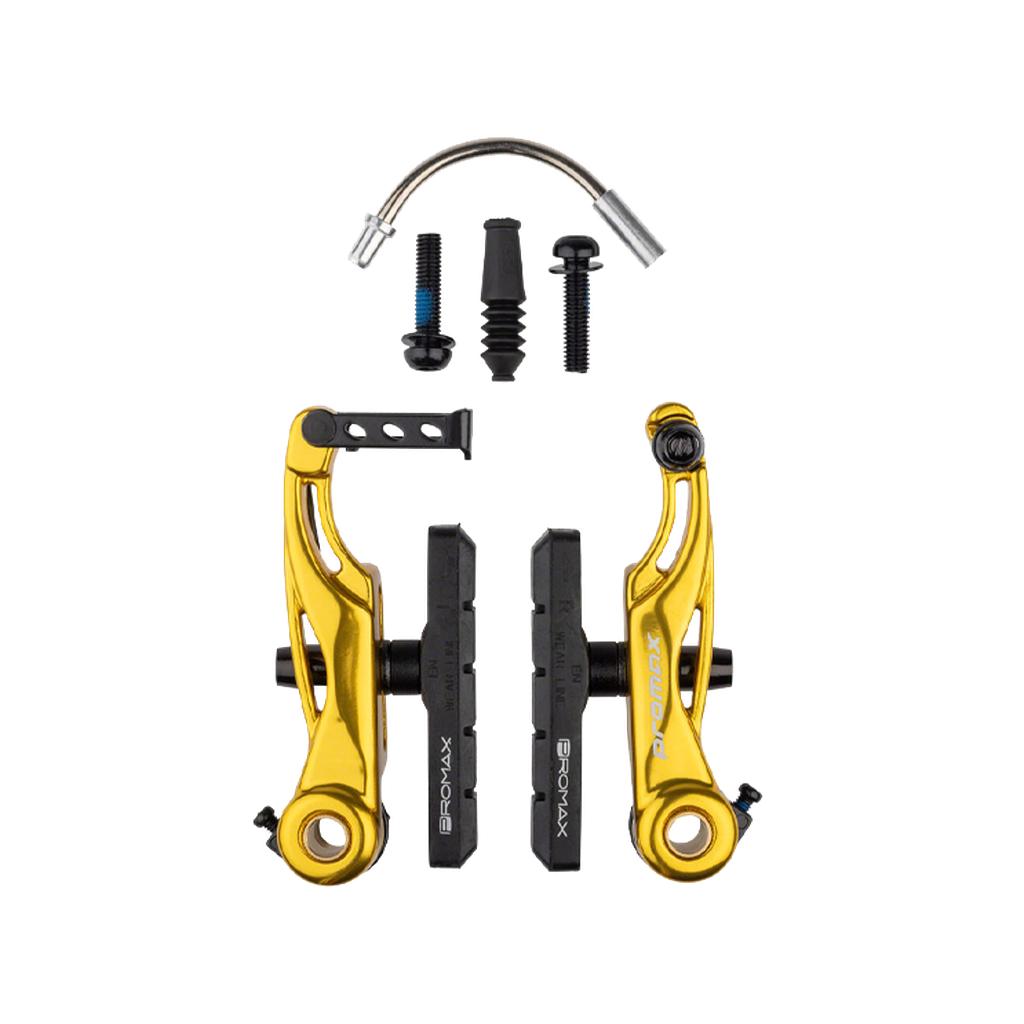 Gold-colored Promax P-1 Mini V Brake set, including brake arms, pads, bolts, rubber boots, and cable noodle, all displayed neatly on a white background.