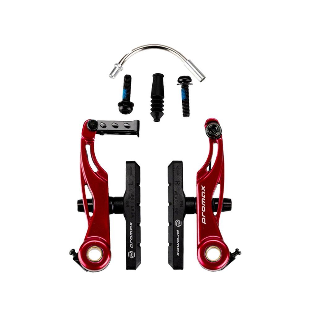The Promax P-1 Mini V Brake set in red includes linear pull brake arms, pads, bolts, noodle, and rubber boots, all displayed on a white background.