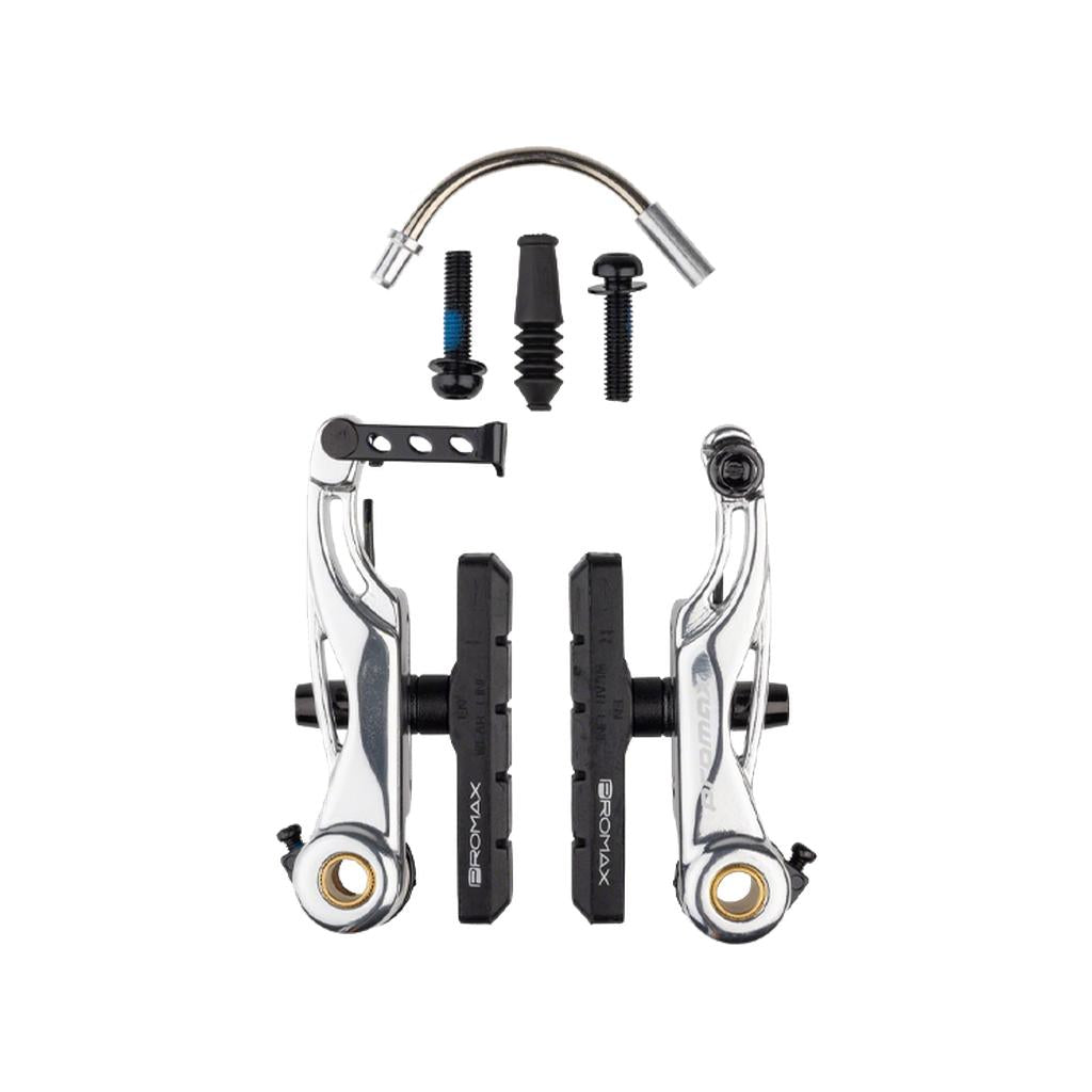 The Promax P-1 Mini V Brake set includes silver brake arms, black pads, two bolts, two rubber covers, and a curved metal pipe—perfect for BMX setups. All components are shown on a white background.