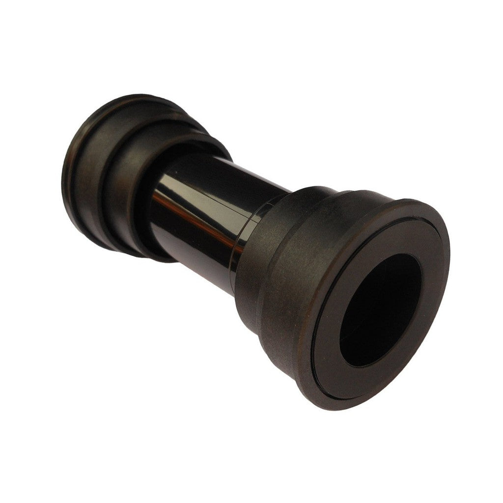 A black plastic pipe fitting on a white background, suitable for installation as a First BB86 Press Fit Nylon Cup Bottom Bracket.
