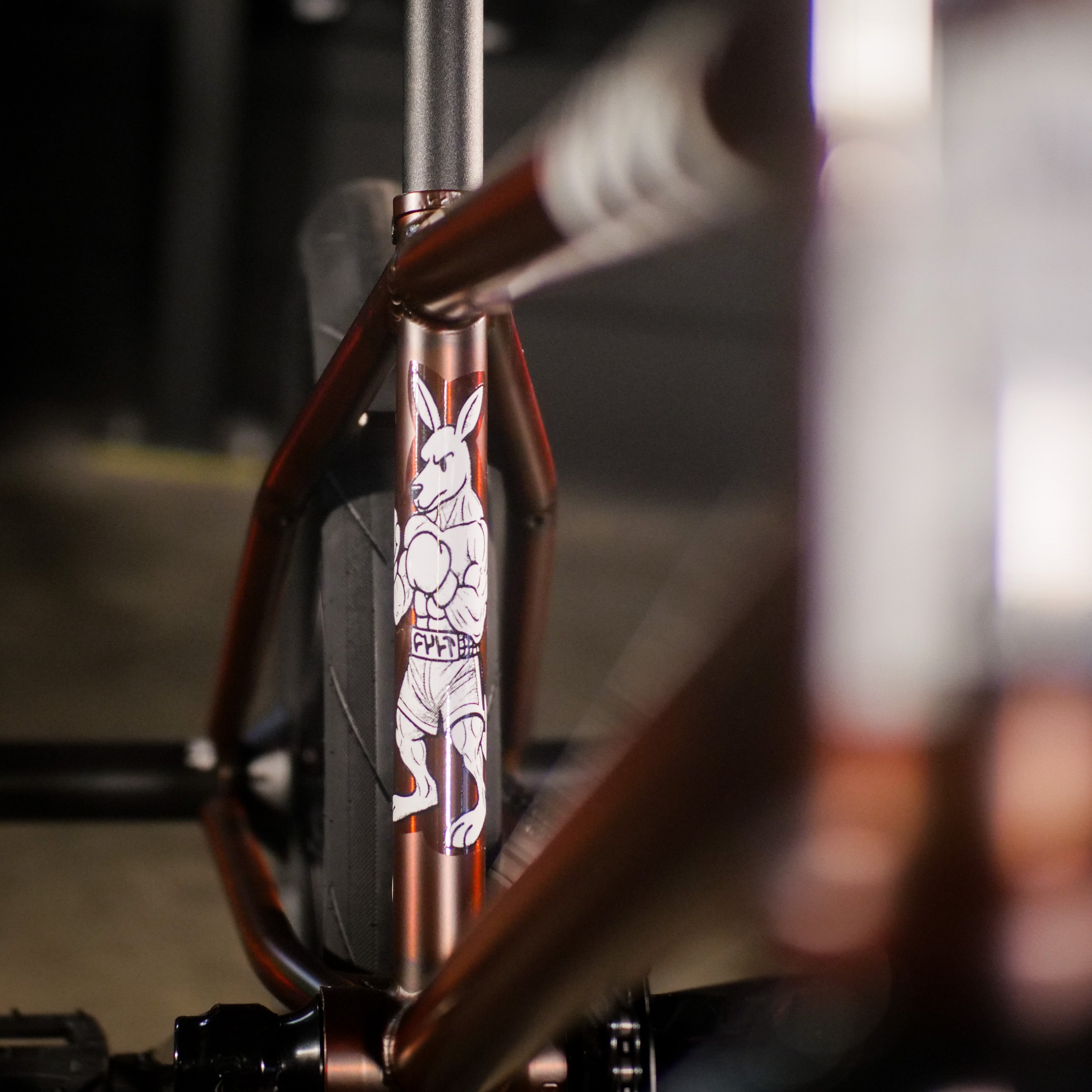 Close-up of the Cult Dak X Eclat Custom 'Pat Freyne Signature', showcasing a decal of an anthropomorphic kangaroo with boxing gloves and shorts on the front tube—a standout among BMX bike frames.
