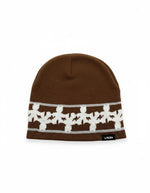 The V1da Pattern Beanie is a brown knit skully featuring a white geometric design and a black "Vida" tag on the bottom edge, shown against a white background.