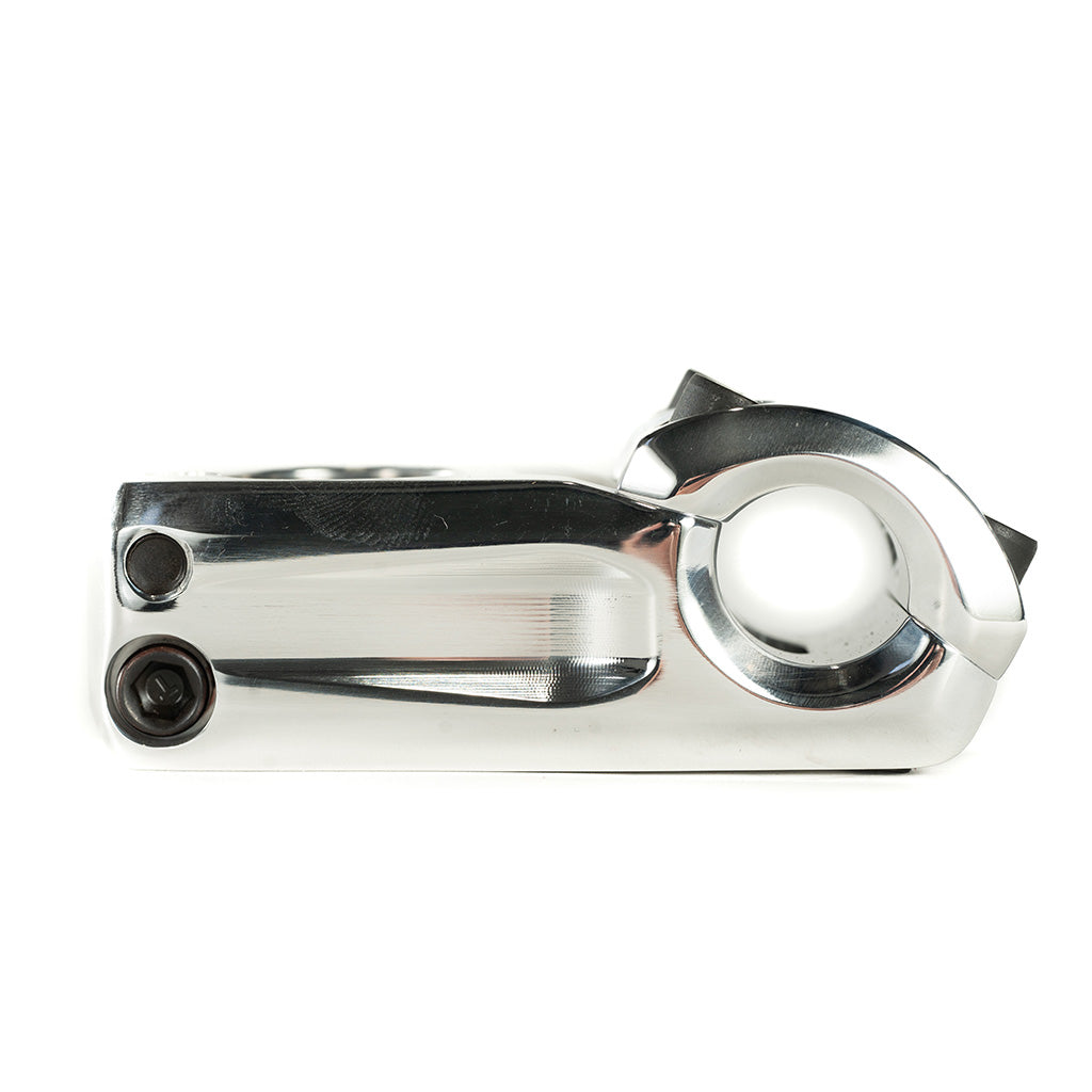 A chrome handlebar clamp featuring a Colony Variant 52mm BMX Stem on a white background.