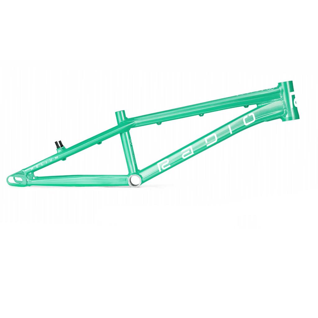 The Radio Raceline Helium 2025 Pro L Frame is a green, super lightweight race frame featuring hydroformed 6061 alloy tubing and an aerodynamic design, with "Radio" displayed on its side, excluding wheels or other components.