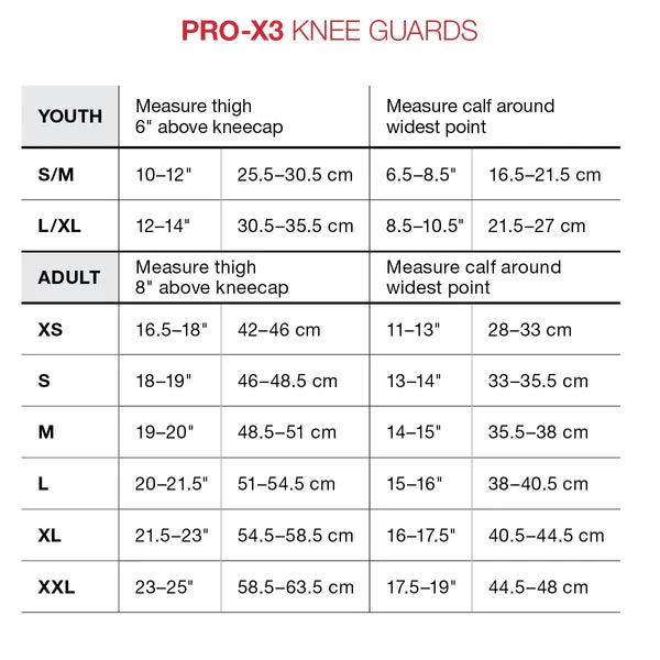 Check out the size chart for G-Form Pro-X3 Youth Knee Guards with impact-absorbing SmartFlex pads, available in Youth sizes S/M and L/XL, and Adult sizes XS to XXL, determined by thigh and calf circumferences.