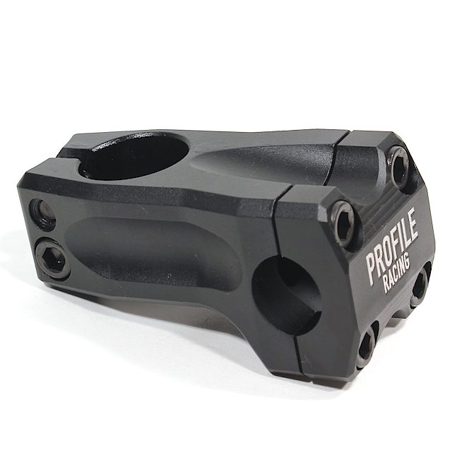 A black metal Profile Acoustic Stem front load BMX part with four bolt holes and "PROFILE RACING" engraved on the front.