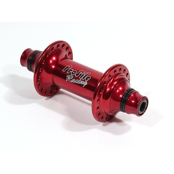 The Profile Elite Front Hub, featuring axle bolts and cone spacers, mounted on a white background.