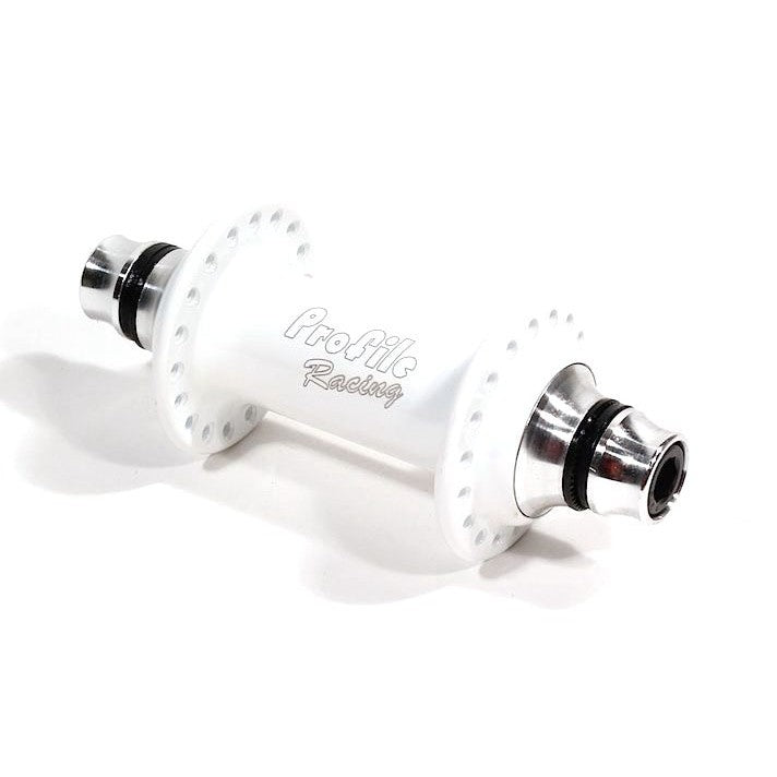 A white bicycle hub, including Profile Elite Front Hubs, cone spacers, and axle bolts, on a white background.