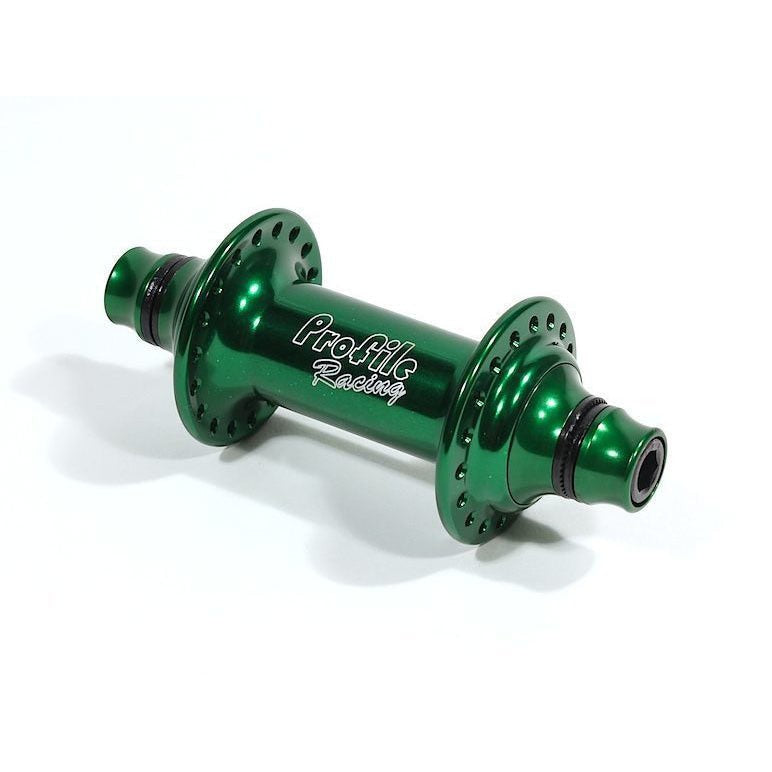 A green Profile Elite Front Hub featuring cone spacers and axle bolts on a white background.