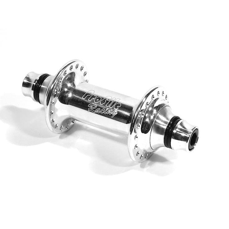 A silver Profile Elite Front Hub with axle bolts on a white background.