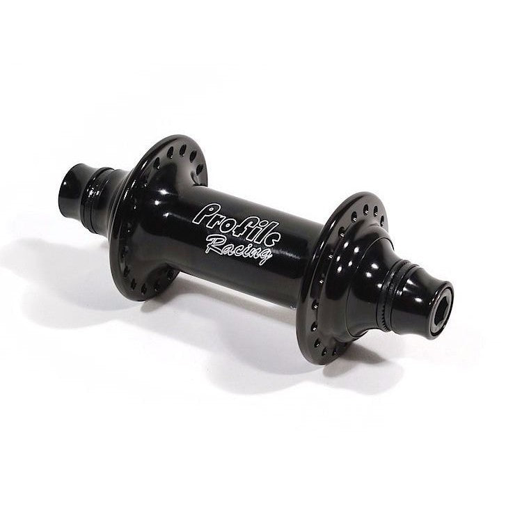 A black Profile Elite Front Hub with axle bolts and cone spacers on a white background.